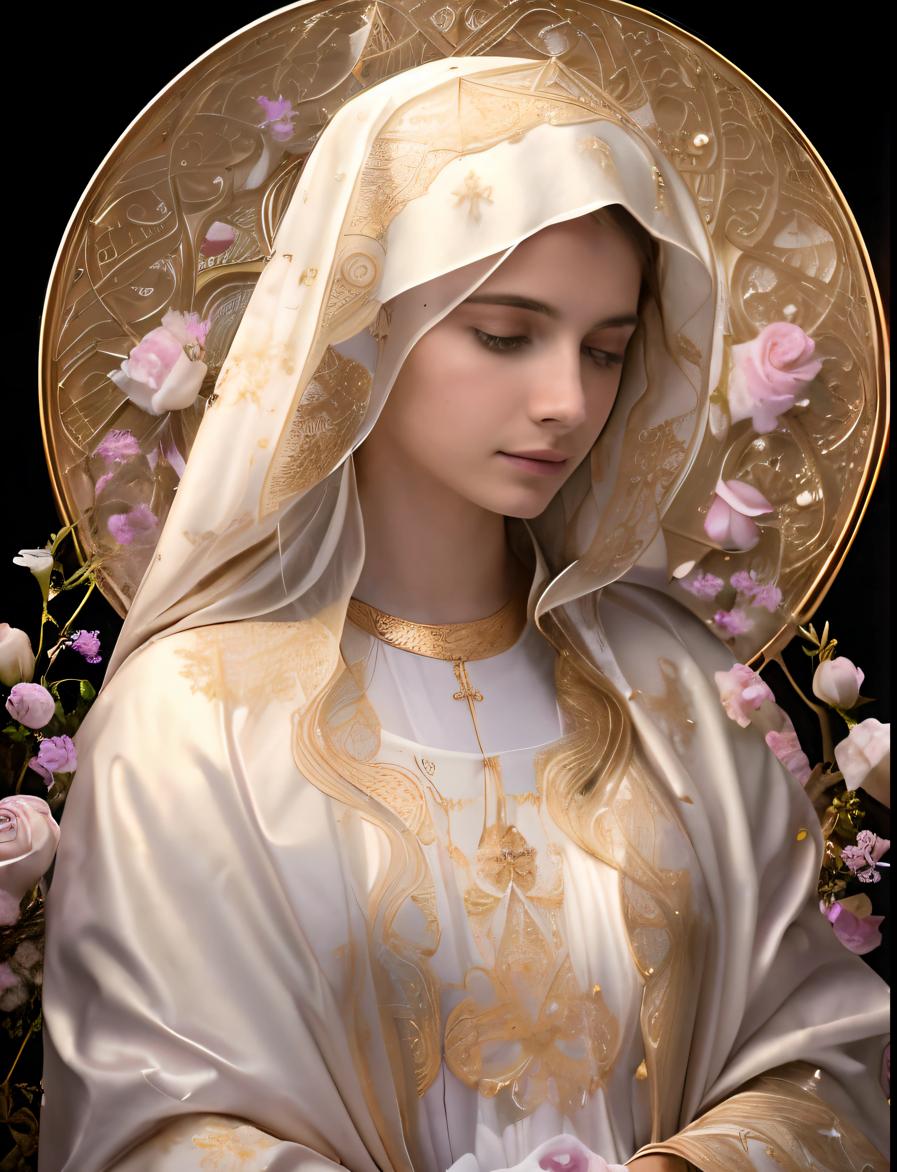 (((Saint Virgin Mary. 19 years old))) ((( Con una cara seria y piadosa. Con una mirada dulce y tierna))) (obra maestra, calidad superior, mejor calidad, arte oficial, beautiful and aesthetic: 1.2), (1girl), extremadamente detallado, (Arte fractal: 1.3), colorido, highest detailed, Cara perfecta, parte superior del cuerpo, HDR, (orando: 1.3), (golden lines of white coat: 1.2), galaxia, (rayas de luz), eye-catching visuals, (dynamic stripes, senderos luminosos: 1.2), colores vibrantes,
