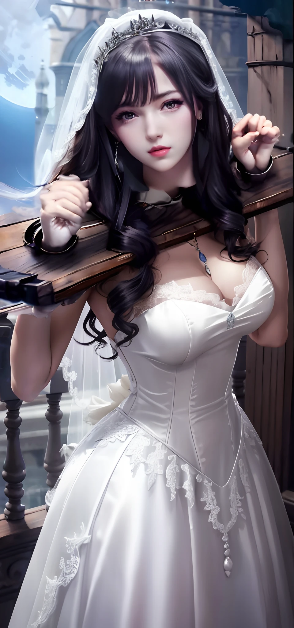 Close-up of a beautiful bride in a beautiful wedding dress, Gurvetz,( pillory:1.5), Flail on the head, Flail on the hands, Flail,(Bridal veil: 1.5), (Short transparent veil: 1.5), Flushed face, Head flower, head gear, (Tubular wedding dress: 1.5), (Silk dress: 1.2 ), (Strapless wedding dress: 1.5), Pure white dress, necklace, Earrings, (Huge breasts: 1.3), Deep V heart collar wedding dress, bangs, lipstick, (Lace gloves: 1.3), Full body photo, High detail RAW color art, a white long skirt, Whole body, with hands behind her back, and floor-length skirts,