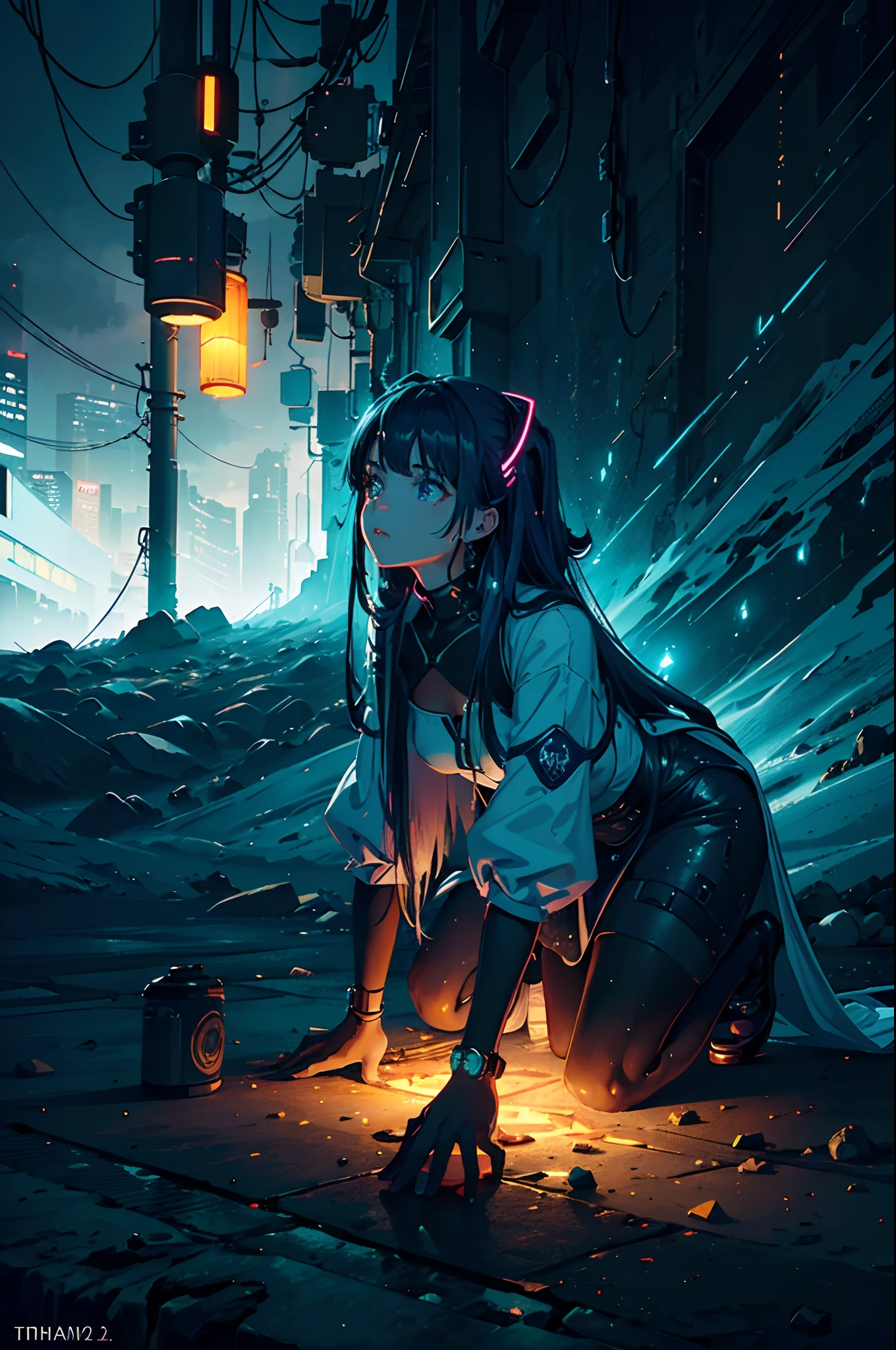 Panoramic photography of expansive landscape, (View from below overlooking the sky and street below), Cyberpunk girl standing in dystopian city looking up, Girl on all fours on the floor (pegue a chave: 1.2), (estrela cadente: 0.9), (nebulosa: 1.3), cidade distante, tree breaking production art, (fonte de luz quente: 1.2), (Neon light: 1.2), bulb, roxo e laranja, detalhe intrincado, volume lighting BREAK (obra-prima: 1.2), (mais alta qualidade), 4k, ultra-detalhado, (Dynamic configuration: 1.4), Detalhes altamente detalhados e coloridos (iridescente: 1.2), (Sparkling lighting, Atmospheric Illumination), sonhador, magia, (sozinho: 1.2), Agora mesmo, Sexo, , hot, ta, neon accessories