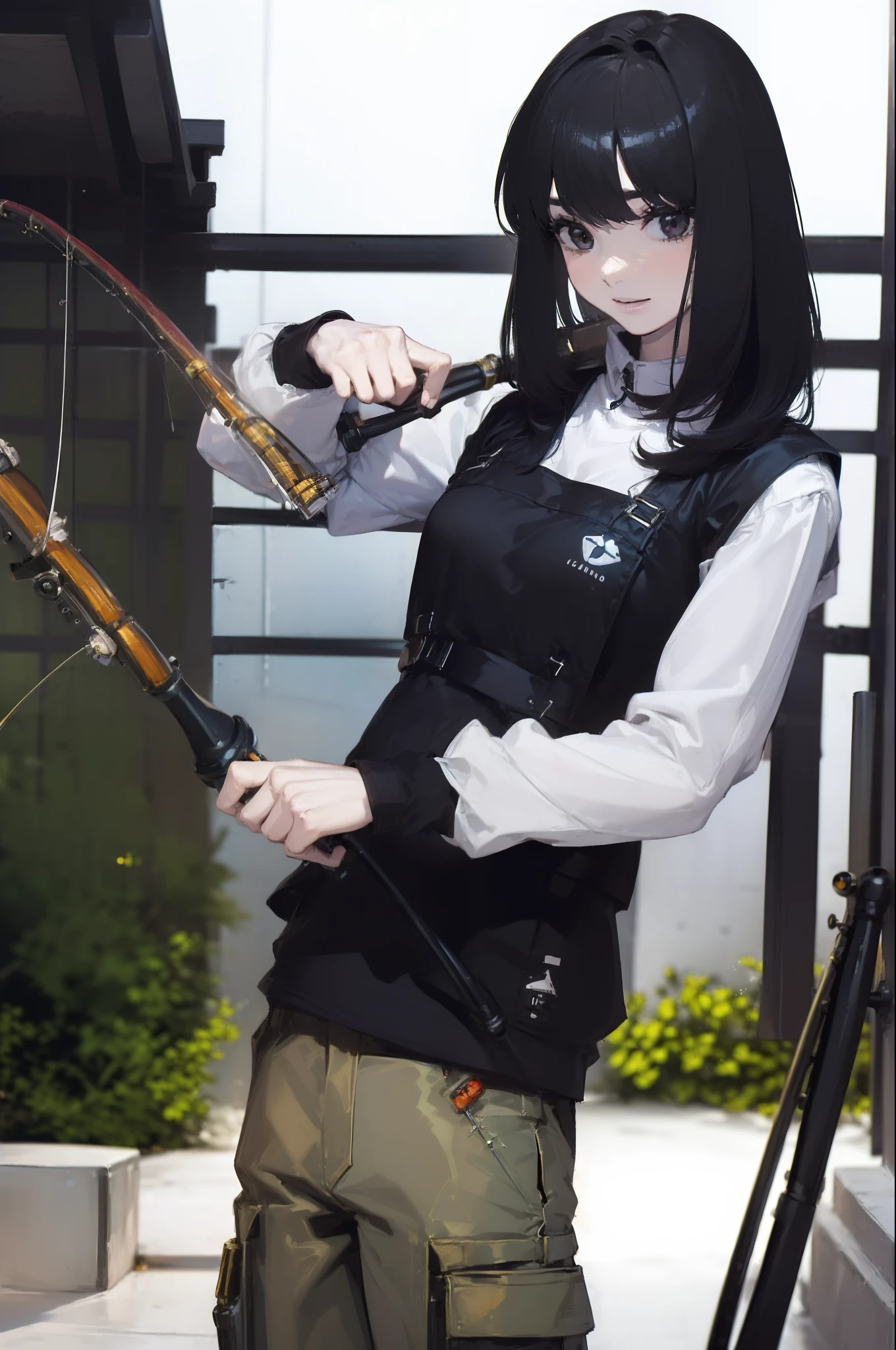 ((((Have a fishing rod with a reel:1.5)))),((Female 28 years old)),((Best Quality:1.5)),(((Fine fingers、Ratio 4 fingers and 1 thumb,detailed arms,detailed human hands))),(((Hands with the correct number and structure of fingers:1.4))),((Lakeside:1.37)),hight resolution,ultra-detailliert,masterpiece,best qualtiy,(Eight-headed body),(1 fishing rod,Holding a fishing rod in your hand,Fishing lure rod,Fishing Reels,Long Sleeve Outdoor Vest,Long pants for fishing,Big backpack),thin and long legs,Beautiful hip line,Beautiful spine,constricted back,Toned waist,beutiful breast),,Gentle smile,shiny lip,(1 fishing rod,Straight stretch fishing rod,Long fishing rod,Woman fishing with fishing rod in hand),Black hair, long eyeslashes, Solid Circle Eyes, drop shadow, Atmospheric perspective,Super Detail, ccurate, small brest,top-quality, blurry backround, bokeh dof:1.2, (masterpiece:1.3), Atmospheric perspective,Super Detail,dynamic compositions, Ultra High Quality,