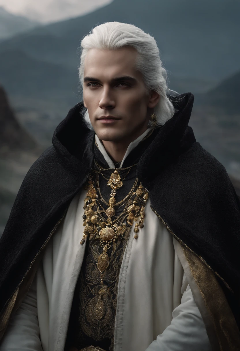A man with white hair tied back behind his head, wearing a black cloak tied with gold embellishments. His eyes are grey.