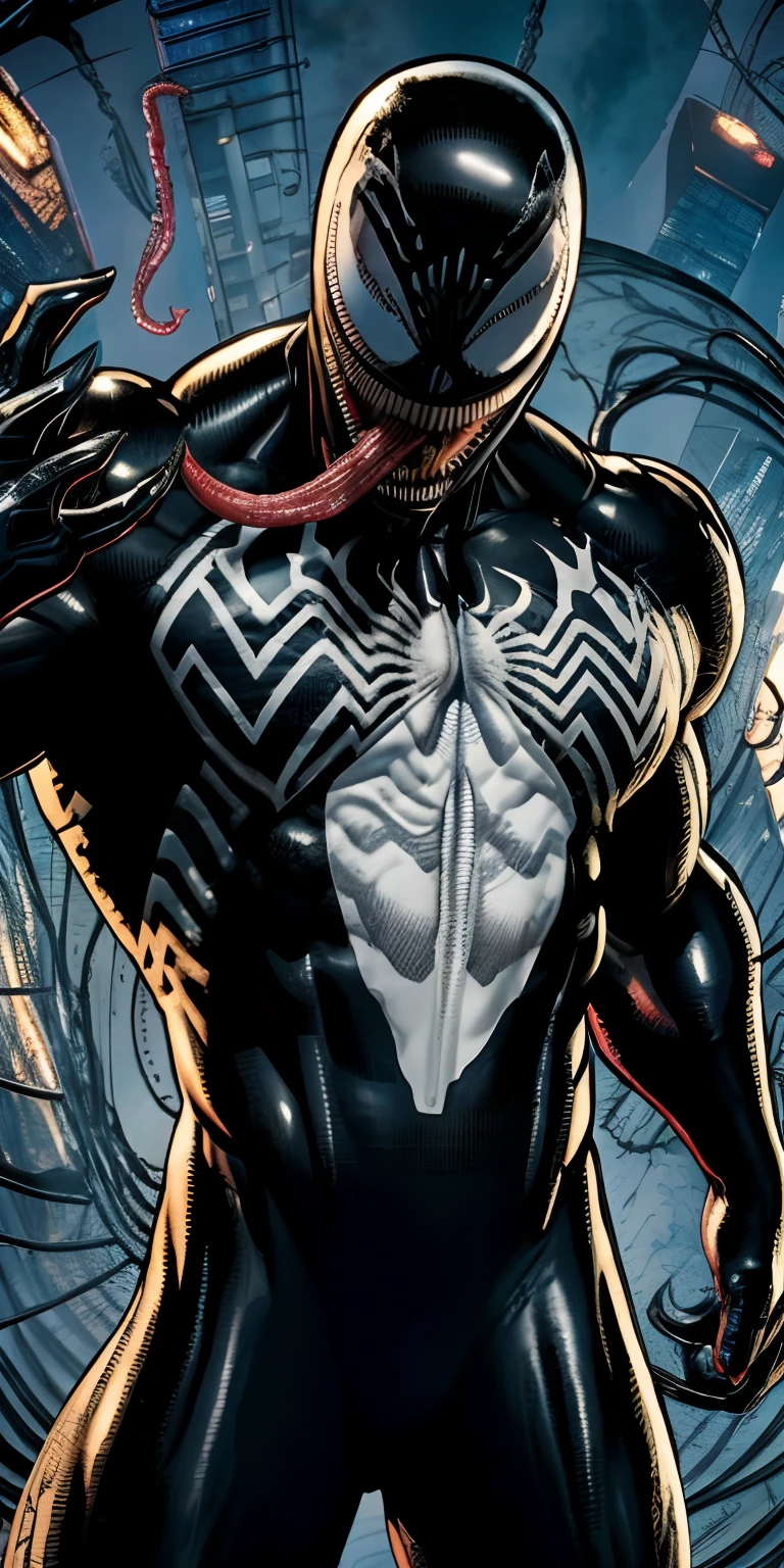 Ultra resolution 8K, the highest possible quality,Stunning illustration, Comic book master piece, the Venom symbiote from Marvel universe,very muscular body, White spider logo on chest, long twisted tong from open mouth with sharp theeths