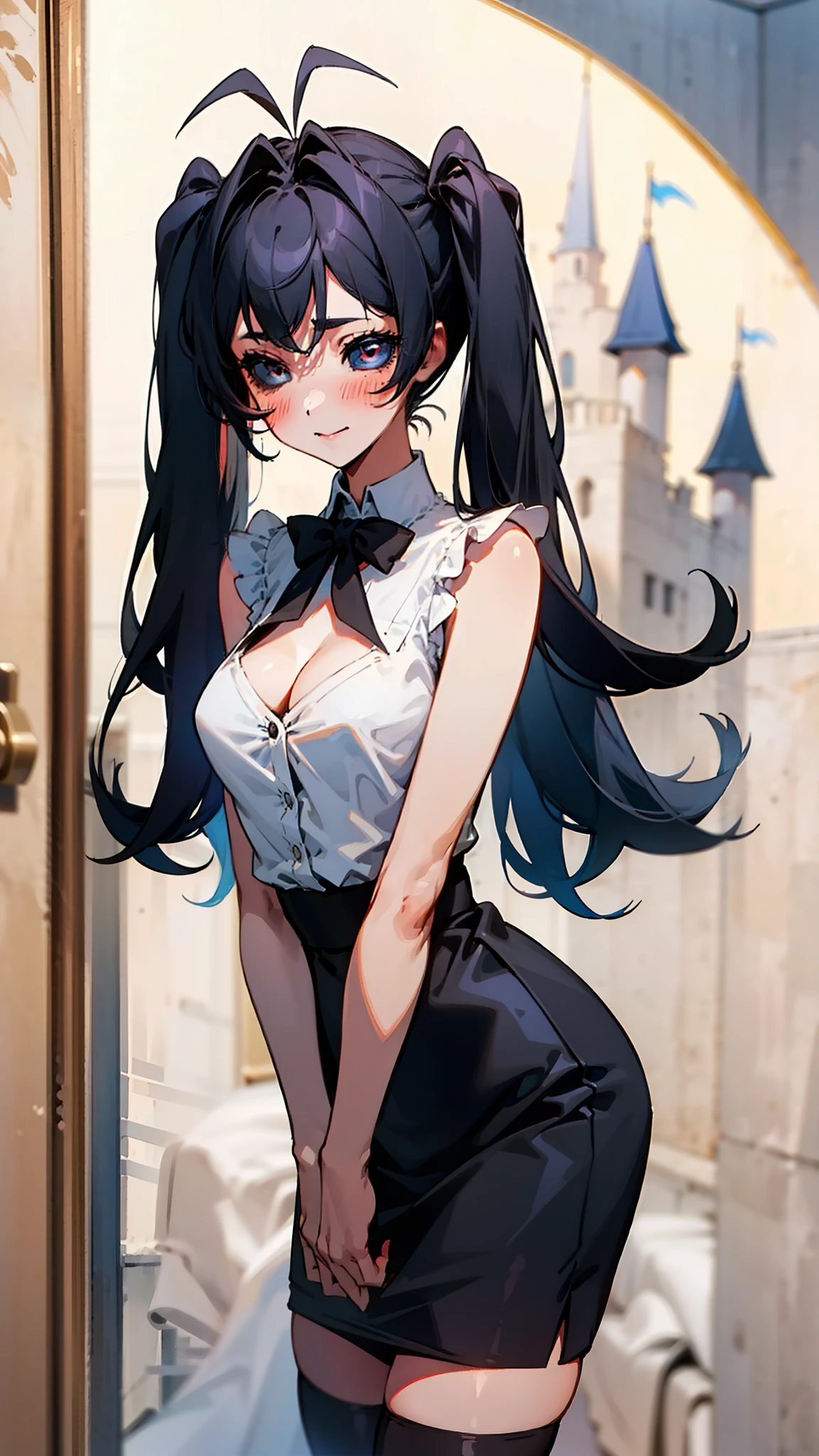 Original Character,8k, Masterpiece, Best Quality,Detailed, Beautiful Detailed Eyes, solo),fine skin,1girl, medium breasts, cleavage,, twintails,white shirt,sleeveless,black pencil skirt,black long boots,solo,long hair,(((hair 2antenna))),black eyes,black hair,black sclera,cute,(standing in a room in castle),happy,blush,cowboy shot