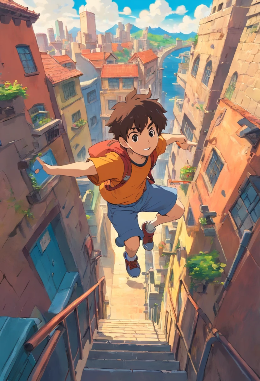 boy make parkour over the city, the wall of the buld is impressed a logo of famous digital company