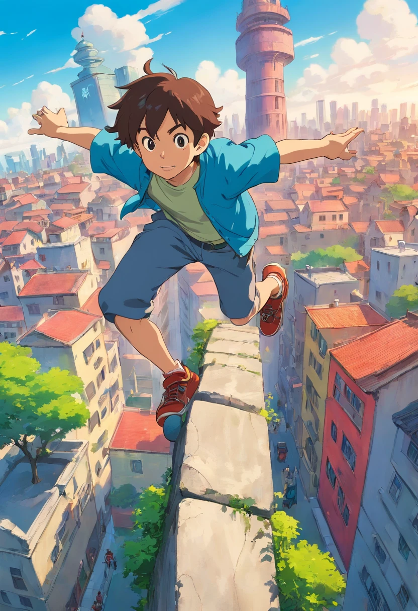 boy make parkour over the city, the wall of the buld is impressed a logo of famous digital company
