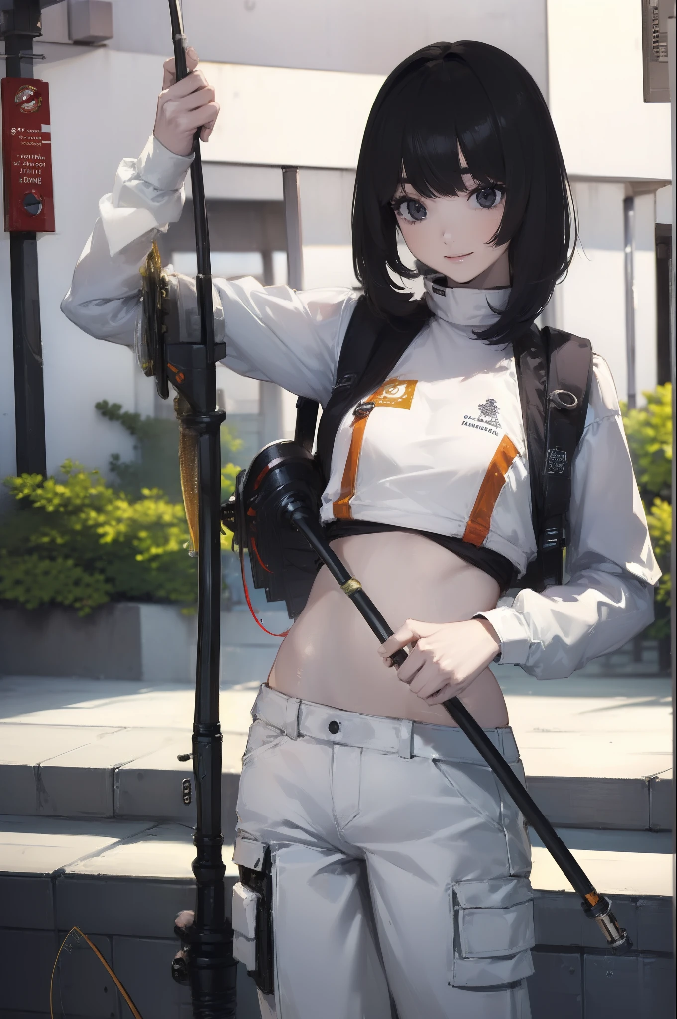 ((((Have a fishing rod with a reel:1.5)))),((Female 28 years old)),((Best Quality:1.5)),(((Fine fingers、Ratio 4 fingers and 1 thumb,detailed arms,detailed human hands))),(((Hands with the correct number and structure of fingers:1.4))),((Lakeside:1.37)),hight resolution,ultra-detailliert,​masterpiece,best qualtiy,(Eight-headed body),(1 fishing rod,Holding a fishing rod in your hand,Fishing lure rod,Fishing Reels,Long Sleeve Outdoor Vest,Long pants for fishing,Big backpack),thin and long legs,Beautiful hip line,Beautiful spine,constricted back,Toned waist,beutiful breast),,Gentle smile,shiny lip,(1 fishing rod,Straight stretch fishing rod,Long fishing rod,Woman fishing with fishing rod in hand),Black hair, long eyeslashes, Solid Circle Eyes, drop shadow, Atmospheric perspective,Super Detail, ccurate, small brest,top-quality, blurry backround, bokeh dof:1.2, (​masterpiece:1.3), Atmospheric perspective,Super Detail,dynamic compositions, Ultra High Quality,