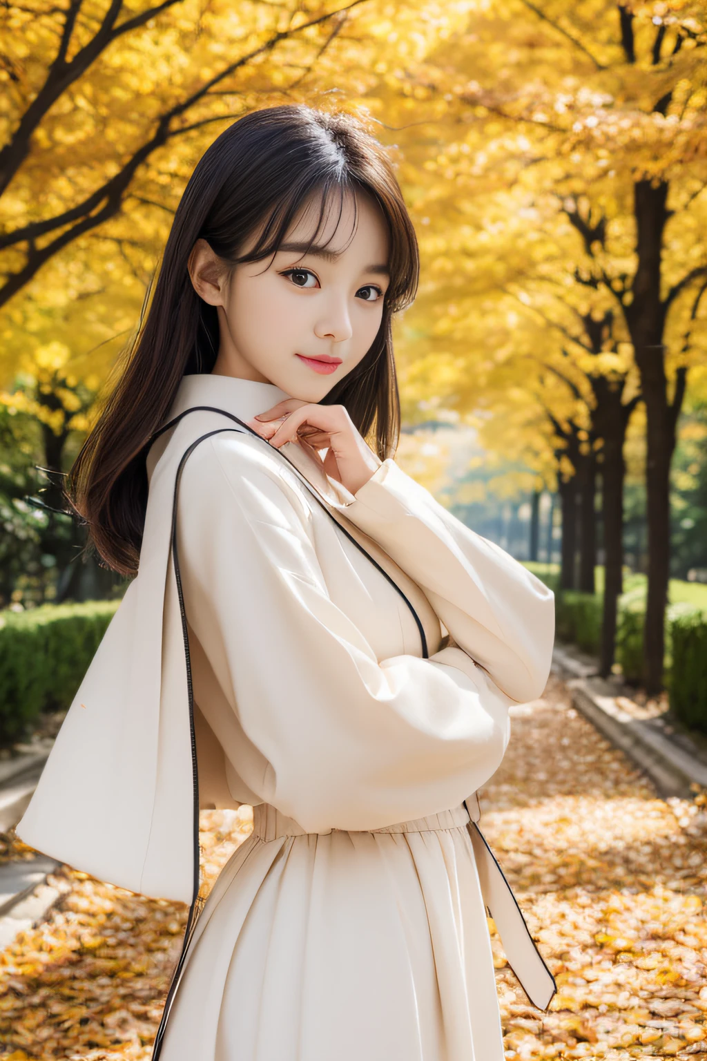 (​masterpiece、high-level image quality、hightquality)、Korean Women、Beautiful、cute little:1.5、Clear black eyes、Beautiful skin、Beautiful limbs、Excellent style、Stylish autumn costumes、Sense of cleanliness、Autumn in Korea、Beautiful Landscapes、