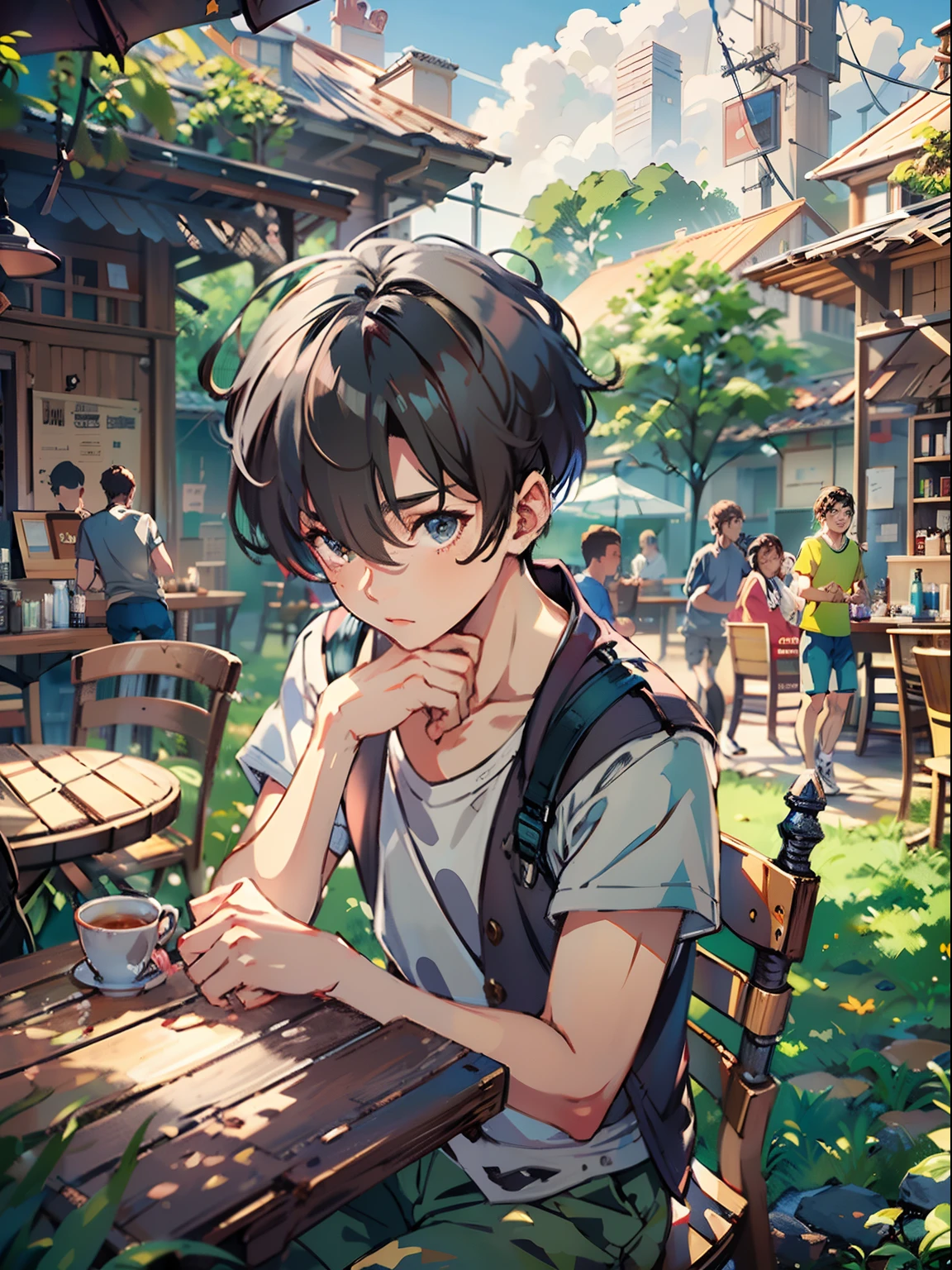 1boy,11 only、(Man's :2),(bobhair:1.5)、A dark-haired、Tank Tops、cafes、Trees、Sunlight、Clouds,Natural lighting、hightquality、masutepiece,8K,hight resolution、