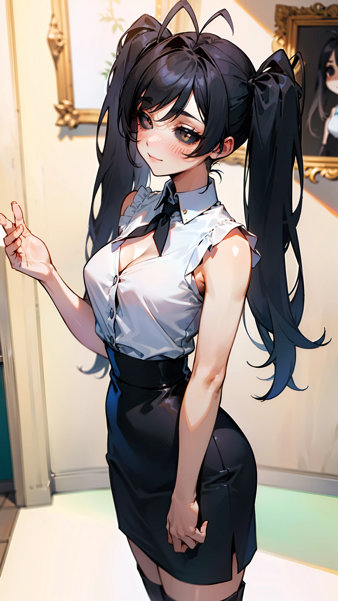 Original Character,8k, Masterpiece, Best Quality,Detailed, Beautiful Detailed Eyes, solo),fine skin,1girl, medium breasts, cleavage,, twintails,white shirt,sleeveless,black pencil skirt,black long boots,solo,long hair,(((hair 2antenna))),black eyes,black hair,black sclera,cute,(standing in a room in castle),happy,blush,cowboy shot