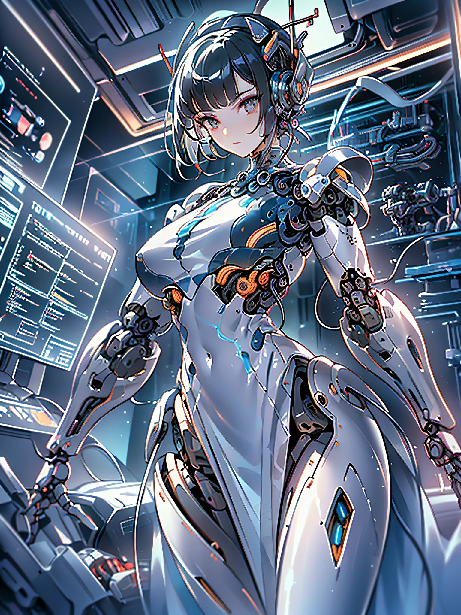 (original),(very detailed wallpaper),very detailed illustrations,(1 Girl),beautiful eyes,(delicate face),perfect detail,large breasts,((mechanical parts)),mechanical spine,mechanization,future,wide hips,laboratory,((mecha)),stylish energy \(module\),repairing,(best lighting),(super complex detail),4K Unity,(super detailed CG:1.2),(8K:1.2),lifelike,