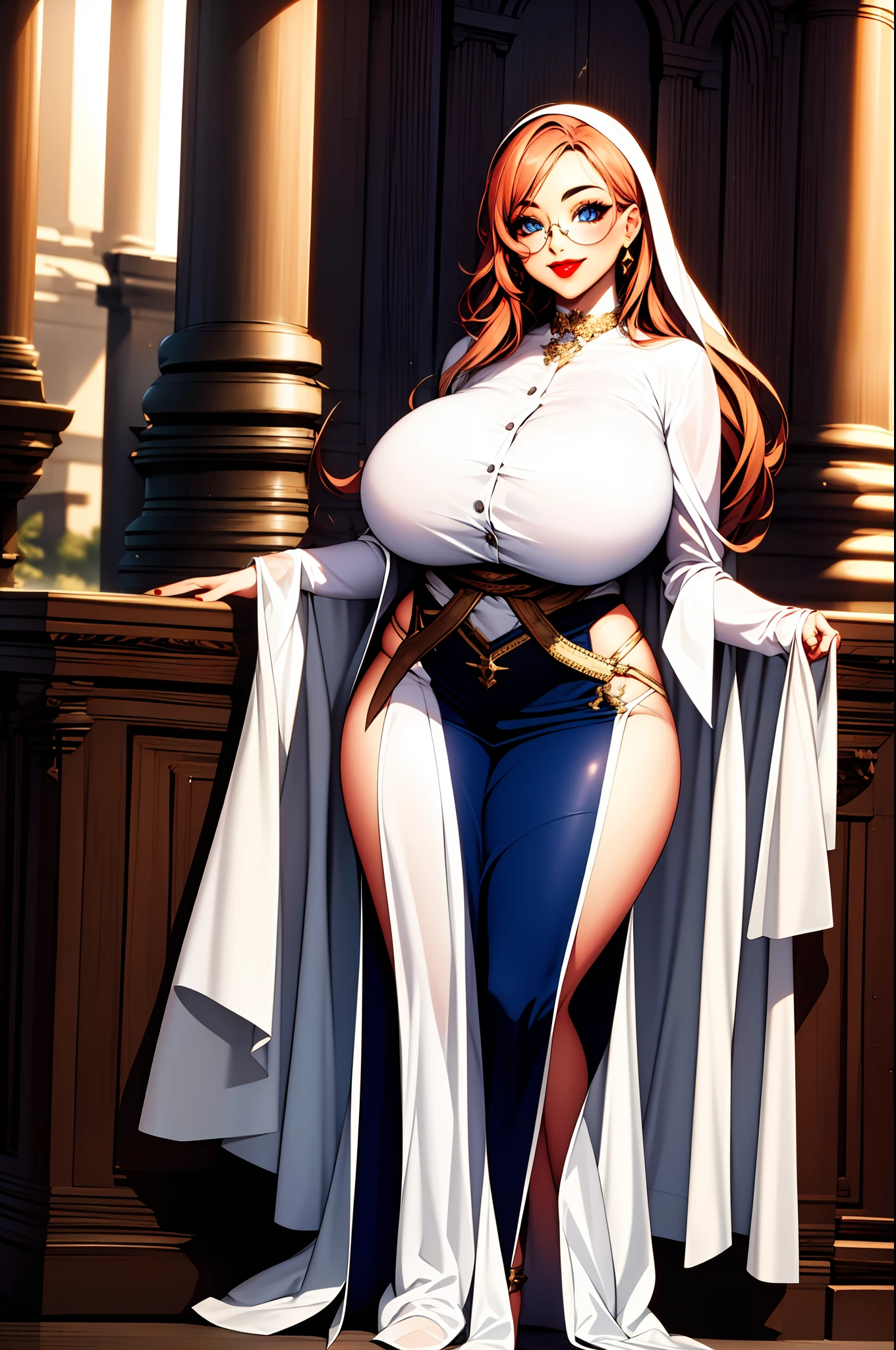 masterpiece, best quality, 1girl, solo, maxine, smile, red lips, , glasses, standing,, curvy, thick thighs, huge breasts, , full body, priestess,woman-medieval-clothes, large skirt