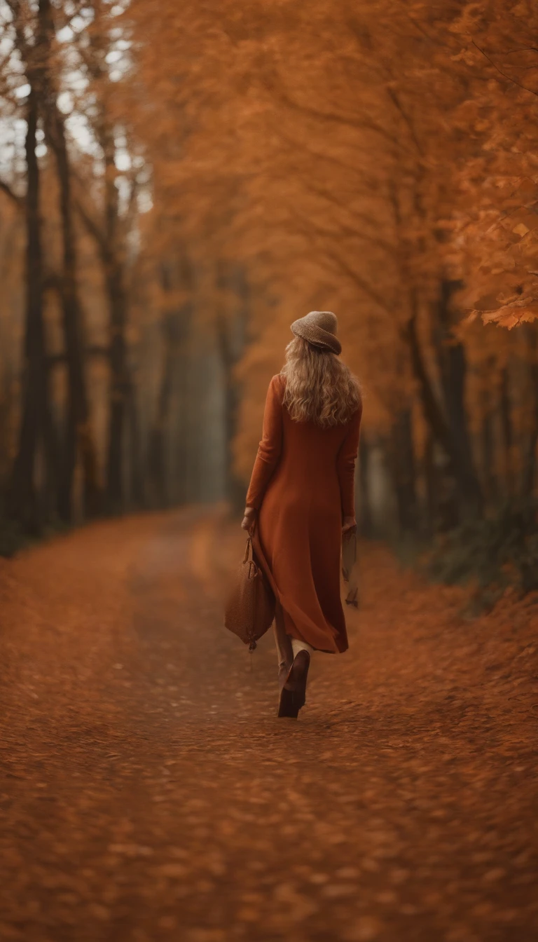 Highly detailed masterpiece 8K high-resolution content，Autumn alpine valley，Flaming red maple，eventide，Scenic beauty，Autumn leaves float in the air，There are sparkling particles fluttering，Warm light background，1 girl walking on the road，Surrealist portraits of women by David Hockney and Alphonse Mucha，hair glowing，s the perfect face，Melancholy eyes，brunette color hair，long whitr hair，Wear a jacket，Lazy movements，warm and comfortable，With a little cool autumn light，warm color：High saturation，Bright composition。。，Top-down composition ，Media components，Realistic photo style