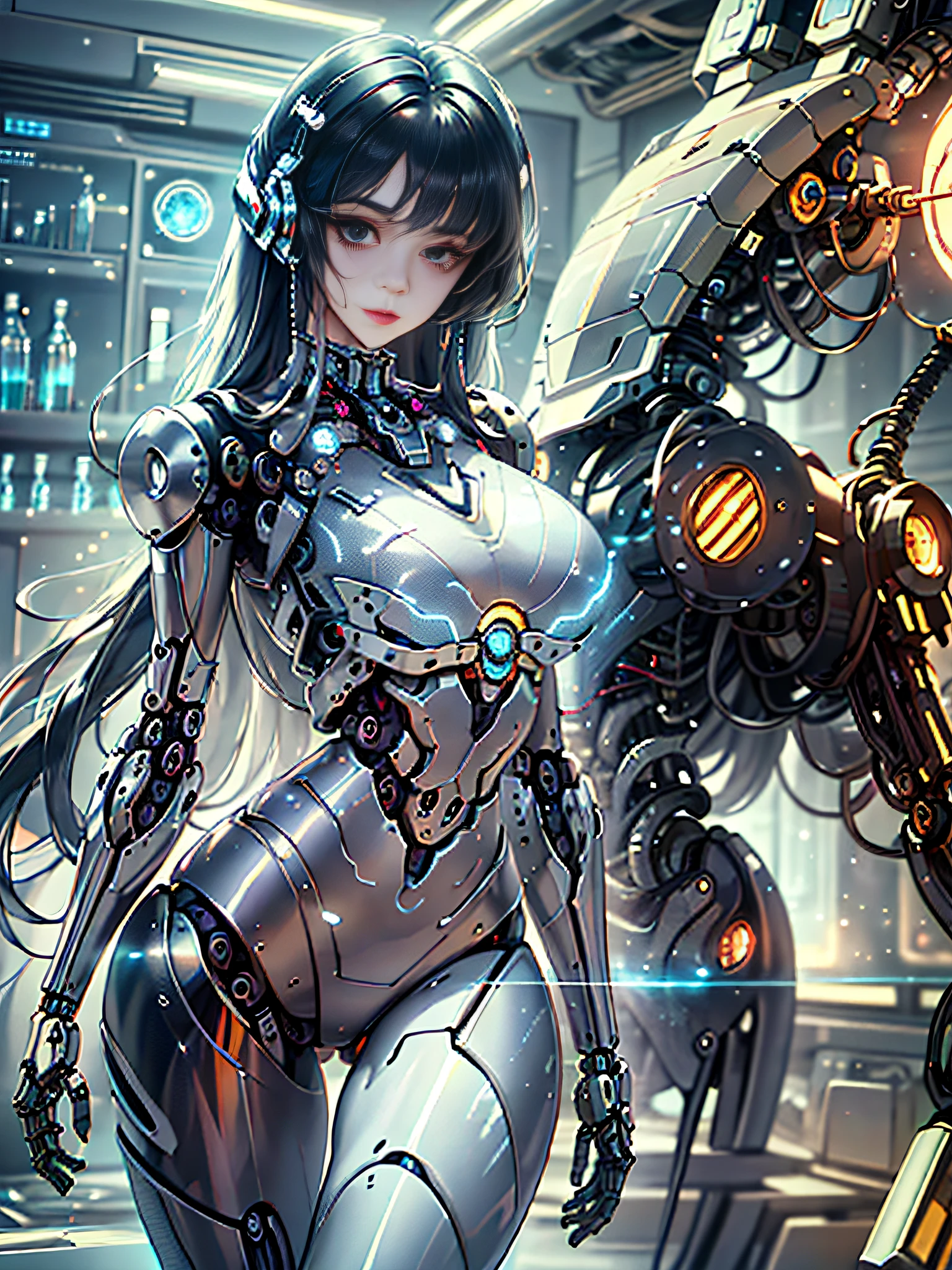 (original),(very detailed wallpaper),very detailed illustrations,(1 Girl),beautiful eyes,(delicate face),perfect detail,large breasts,((mechanical parts)),mechanical spine,mechanization,future,wide hips,laboratory,((mecha)),stylish energy \(module\),repairing,(best lighting),(super complex detail),4K Unity,(super detailed CG:1.2),(8K:1.2),lifelike,