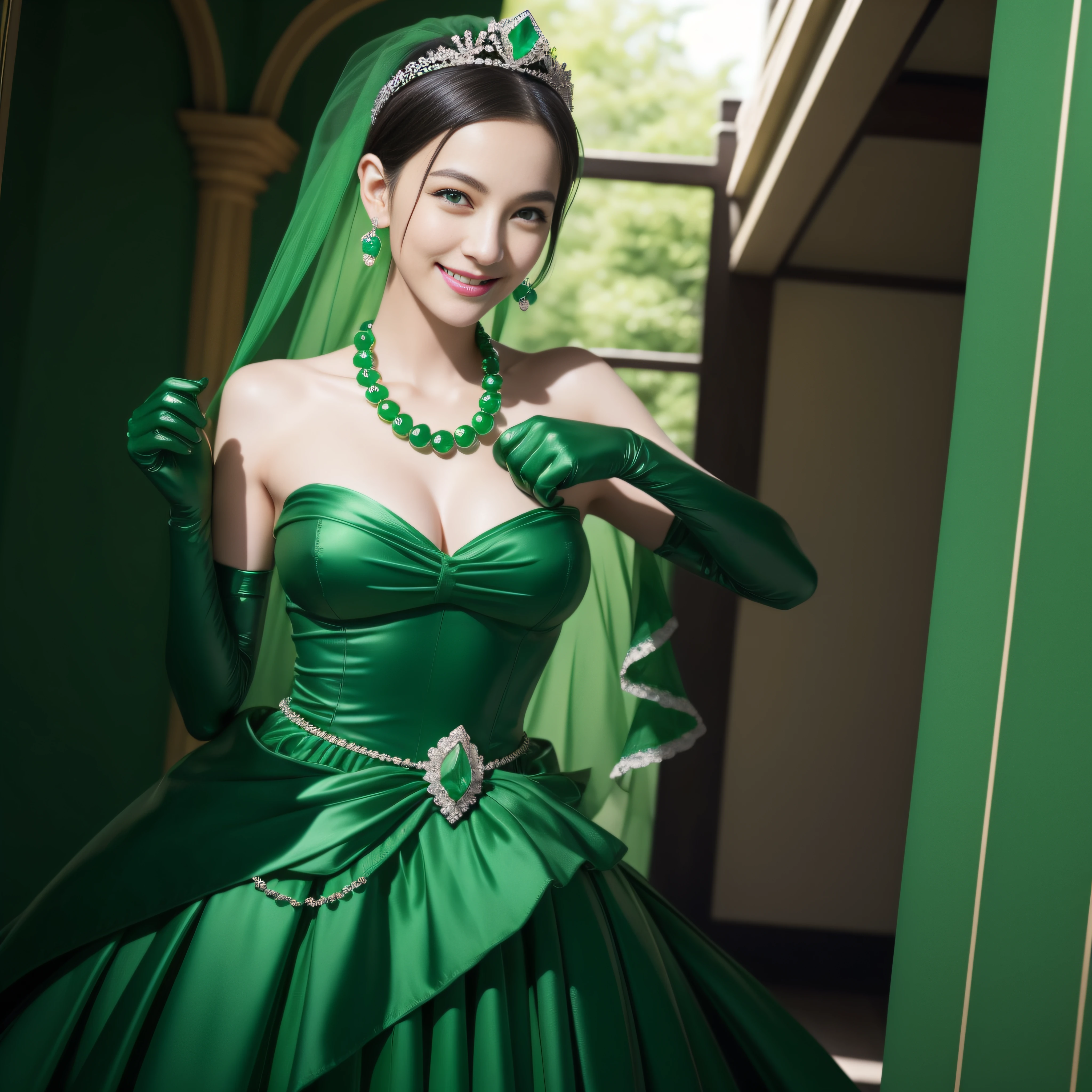 emerald tiara, Green Pearl Necklace, Boyish very short green hair, lipsticks, Japan woman smiling, very short short hair, fist, big breasts beautiful, Green eyes, Long green gloves made of satin material, Green eyes, Emerald Earrings