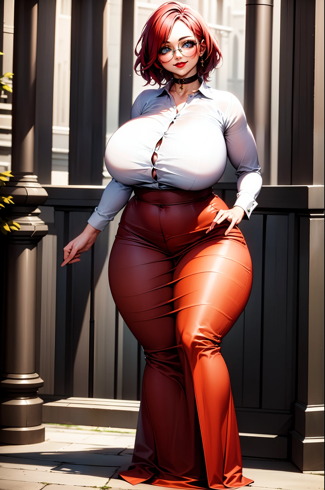 masterpiece, best quality, 1girl, solo, maxine, smile, red lips, , glasses, standing,, curvy, thick thighs, huge breasts, , full body, priestess,woman-medieval-clothes, large skirt