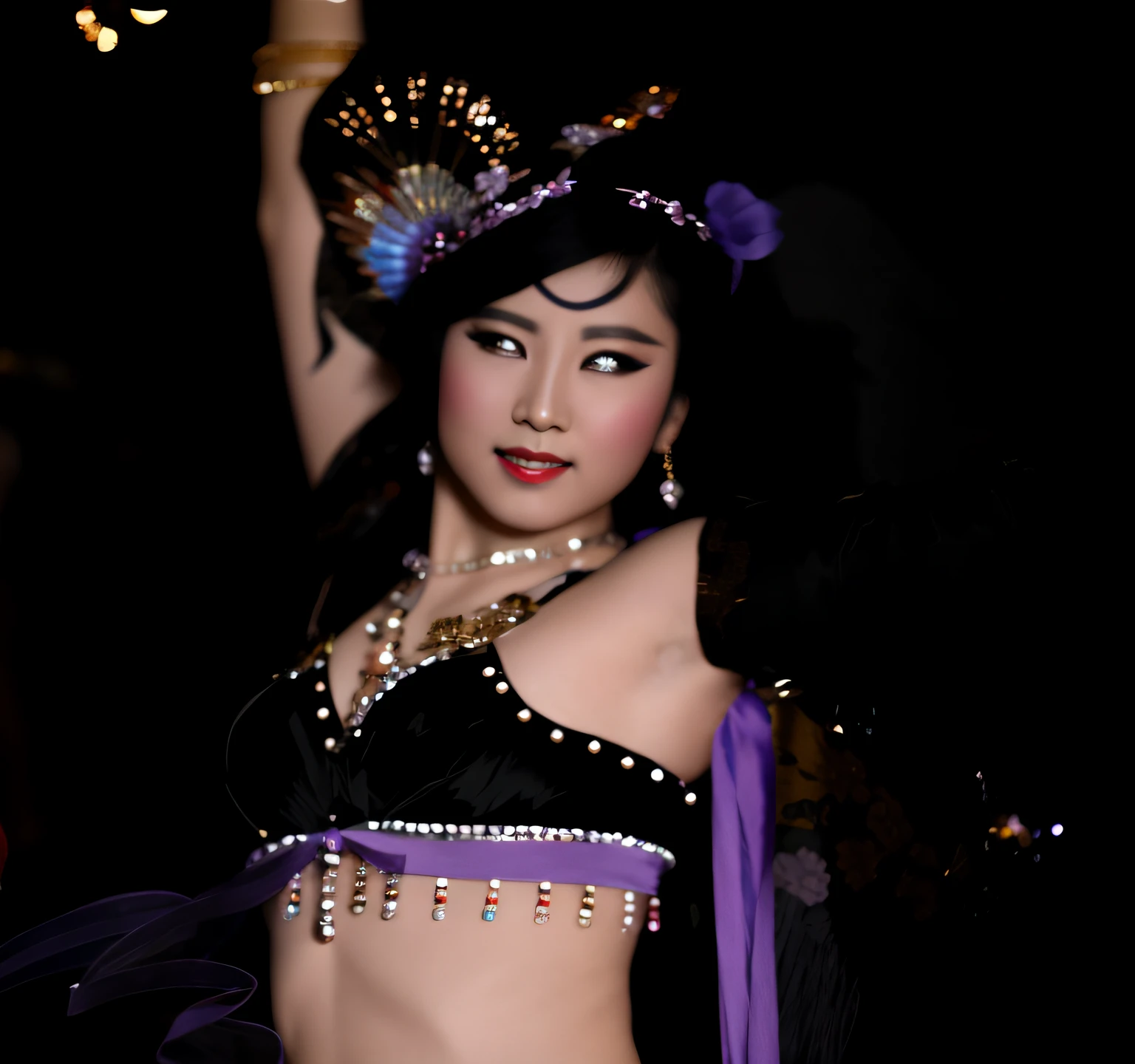 A Japanese belly dancer is performing, her hands raised as she shakes her hips. She's wearing a dark blue bra and dark blue panties, and glasses., Her whole body is facing the camera and her gaze is looking at the camera, white lighting, A sighing facial expression with raised eyebrows and flushed cheeks and closed eyes and furrowed brow, small, deep navel, bra and underwear adorned with pearls 