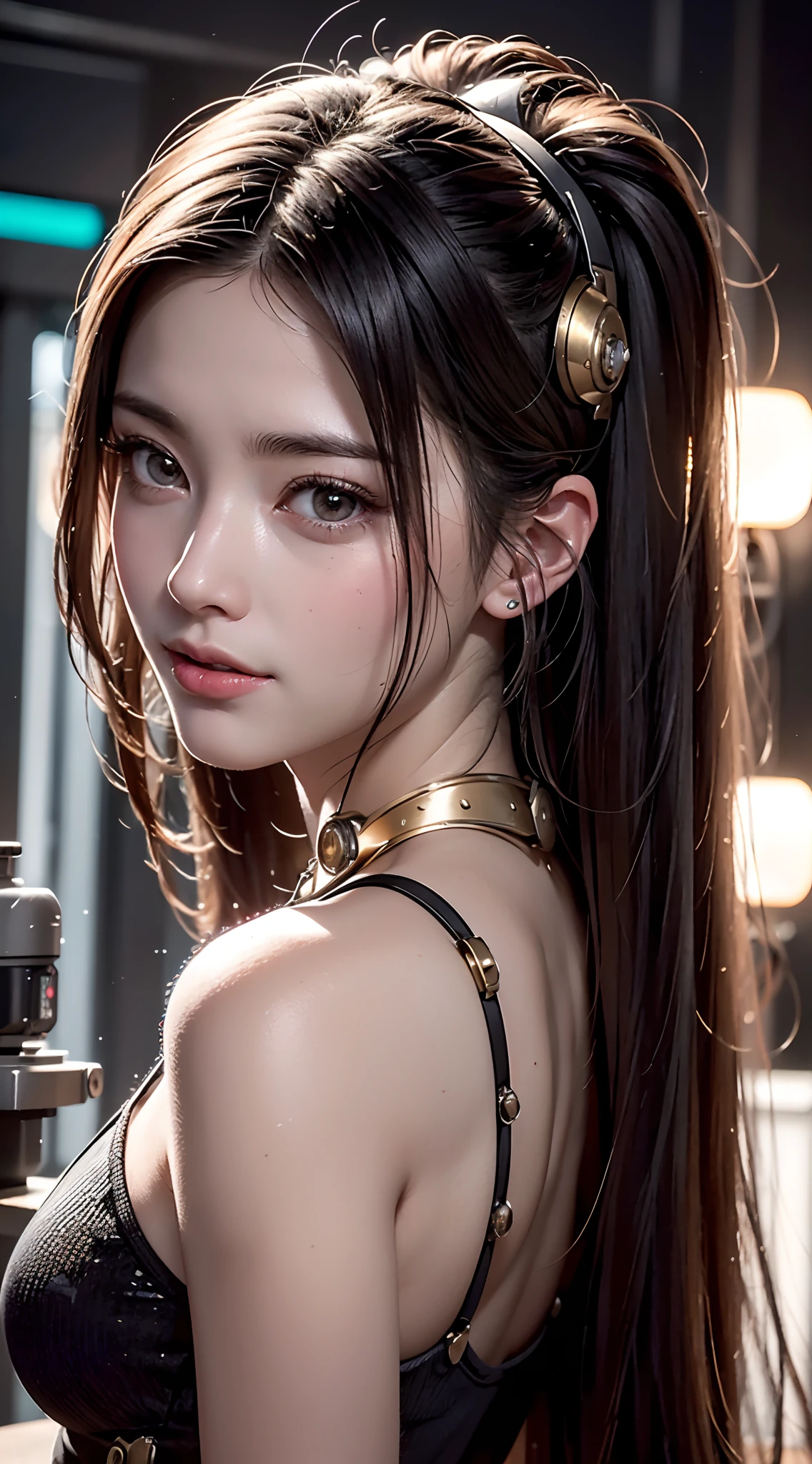 best qualtiy, tmasterpiece, Ultra-high resolution, Rendered with camera-like realism, real photograph,(((( A mechanical girl)))),((Solo)),(((full bodyesbian))),((Perfect facial features,delicated face)),((Clean face)),((There is nothing else on the face)), highly realistically detailed, Panoramic lighting effects, Fine and accurate shading representation, rendering by octane, 8K分辨率, Reveal vivid skin details, Representation of metallic materials, Depicting vacuum tubes、Liquid tubes、oil pressure gauges、glass tubes、Simulate details such as meters, Highlight the details and movement of gears, The performance of gold hydraulic cylinders, realism light effect, Face the audience's gaze, Depict neon details in detail, Mechanized body parts, The mechanized spine is attached to the back, Mechanical attachment attached to the neck,smile