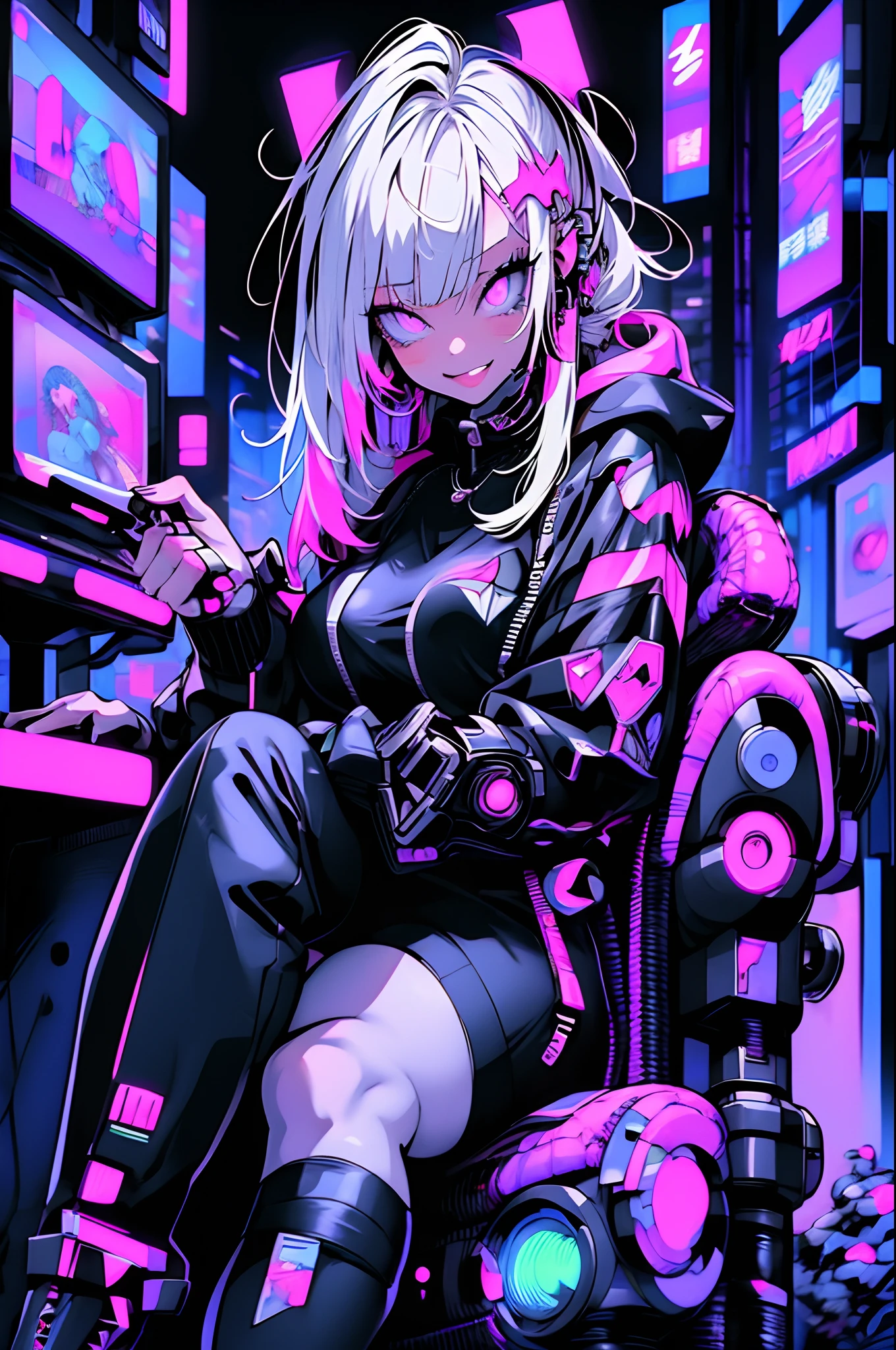anime girl with white hair sitting on a chair in a neon city, big smile, cyberpunk anime girl in hoodie, cyberpunk anime girl, anime style 4 k, anime cyberpunk art, best anime 4k konachan wallpaper, digital cyberpunk anime art, female cyberpunk anime girl, digital cyberpunk - anime art, cyberpunk anime art, anime cyberpunk, cyberpunk streetwear, cyberpunk art style
