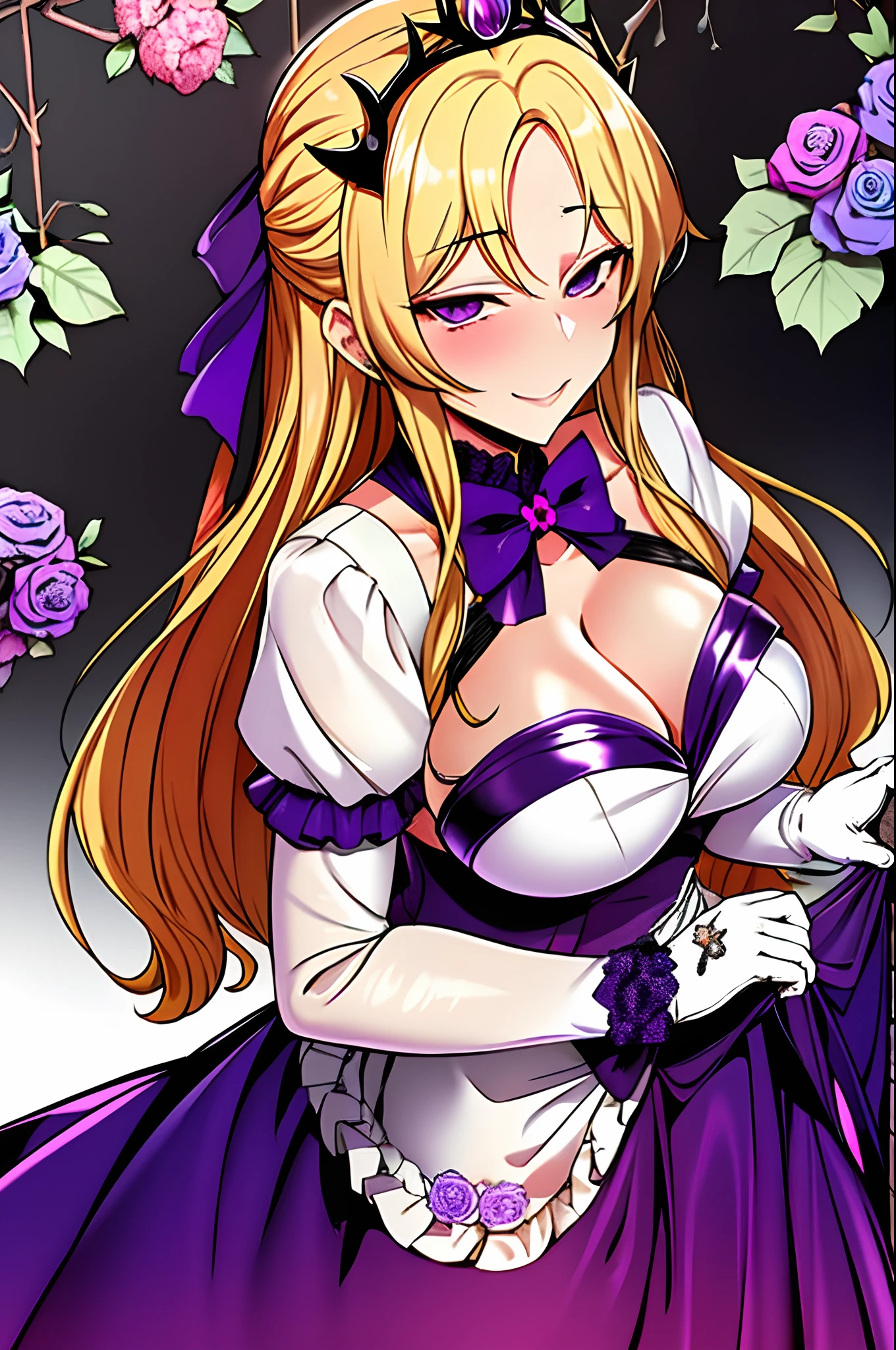 shoujo style, floral background, romance manhwa, 1girl, blonde hair, solo, long hair, flower, dress, tiara, white dress, gloves, long sleeves, thick eyeblows, purple eyes, white gloves, purple bow, purple flower, wavy hair, standing, bow, jewelry, looking at viewer, white background, evil smile, collarbone, puffy sleeves, skirt lift, upper body, parted bangs, very long hair, purple dress, frills, bangs, cowboy shot, big breast, cleavage, dark persona, corruption