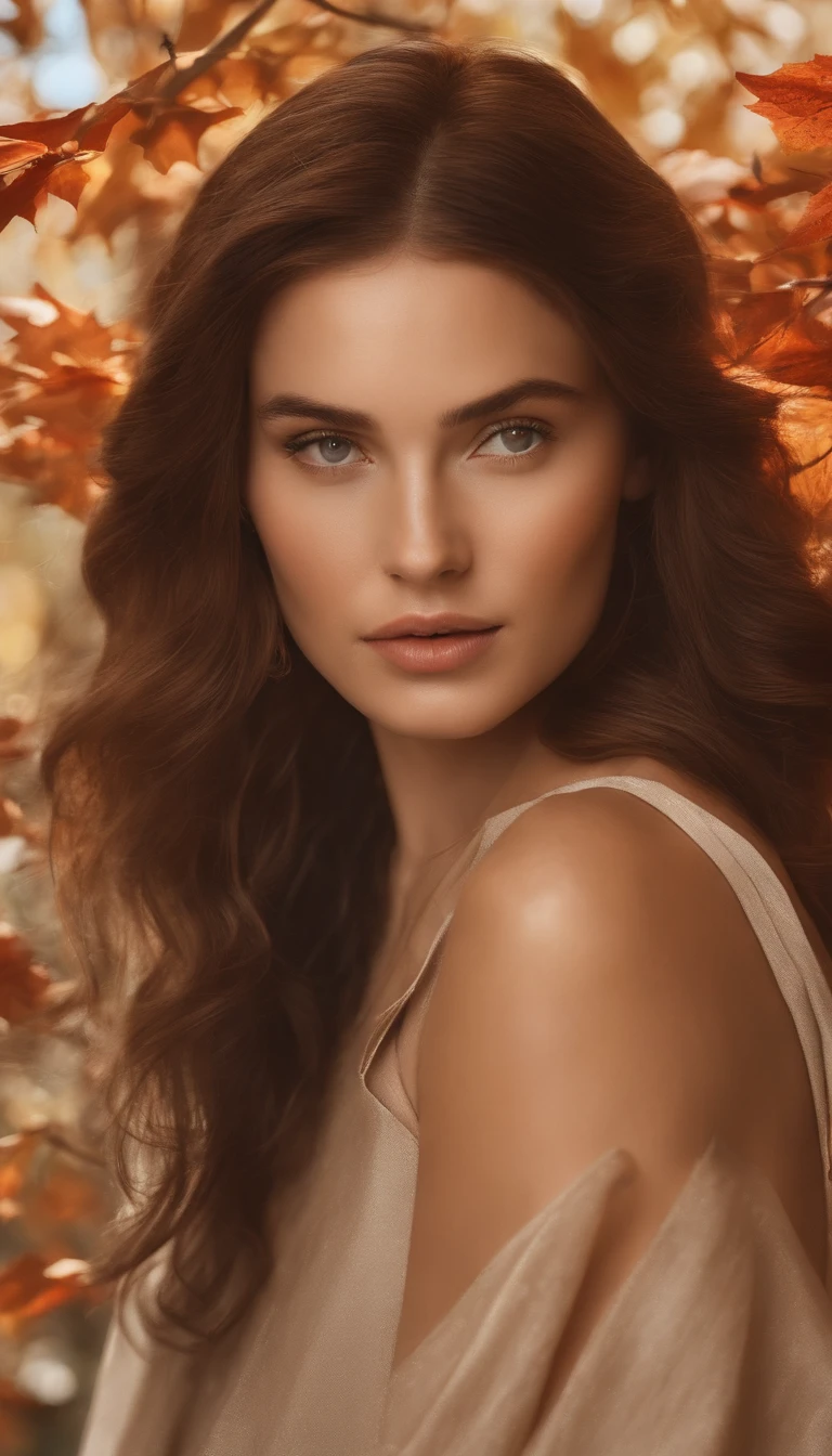 Highly detailed masterpiece 8K high-resolution content,Autumn alpine valley,Flaming red maple,eventide,Scenic beauty,Autumn leaves float in the air,There are sparkling particles fluttering,Warm light background,1 girl walking on the road,Surrealist portraits of women by David Hockney and Alphonse Mucha,hair glowing,s the perfect face,Melancholy eyes,brunette color hair,long whitr hair,Wear a jacket,Lazy movements,warm and comfortable,With a little cool autumn light,warm color:High saturation,Bright composition。。,Top-down composition ,Media components,Realistic photo style