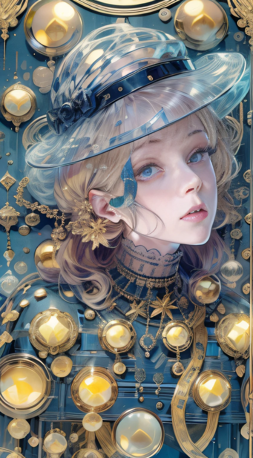tmasterpiece,alta resolução,((Magic Orb)),Dynamic bust of the beautiful aristocratic maiden,Cabelo castanho castanho elegantemente enrolado,((Wearing a huge blue hat)),roxo olhos claros,The hair is covered with a beautiful and delicate floral craftsmanship, filigrana de joias de cristal,detalhes ultra-detalhados,prolongado。