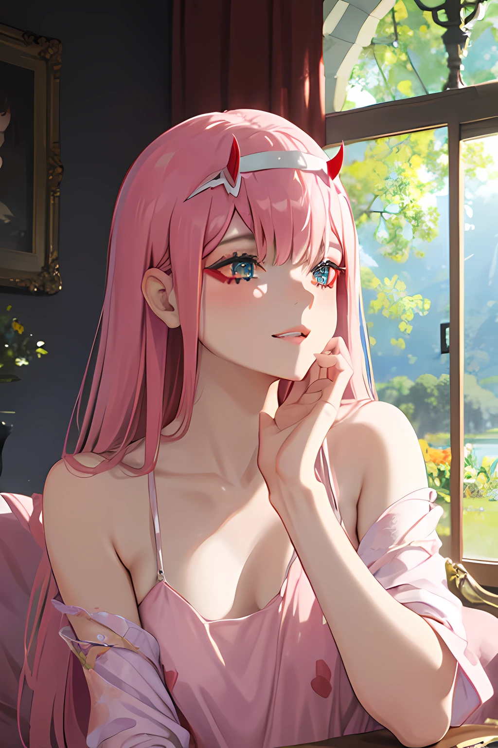 Real, 1girl, hair over one eye, parted lips, blush, makeup, light smile, pajamas, glow, thighs, red eyes, collarbone, narrow waist, on all fours, from side, bedroom, window, moon, side, (masterpiece), television, wallpaper, moonlight, underwear,, bed, zero two/(darling in the franx/), small horns, no under wear