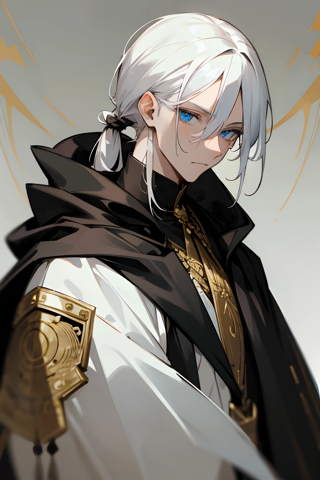 A man with white hair tied back behind his head, wearing a black cloak tied with gold embellishments. His eyes are grey.