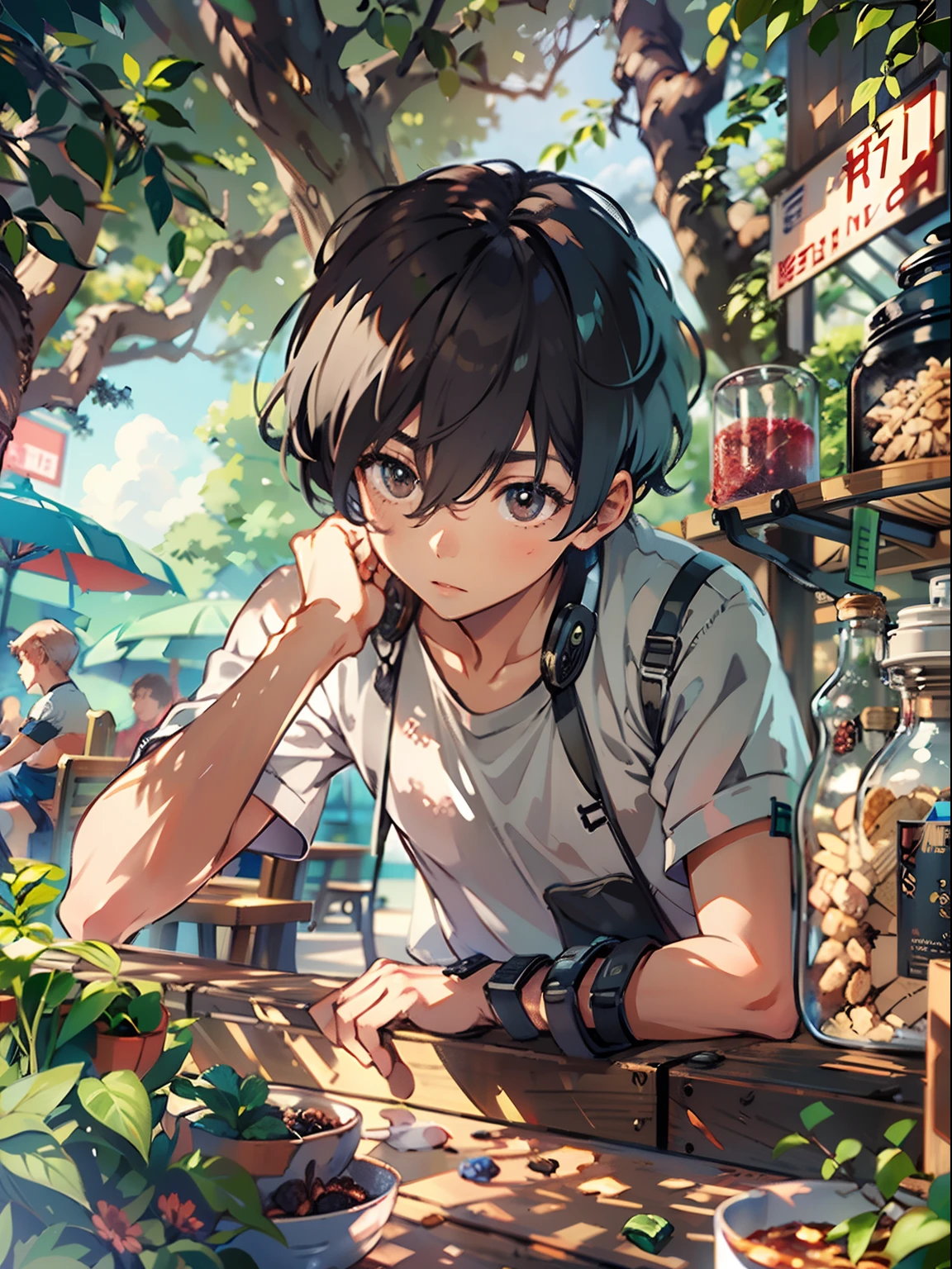 1boy, only、(Man's :2),(bobhair:1.5)、A dark-haired、Tank Tops、cafes、Trees、Sunlight、Clouds,Natural lighting、hightquality、masutepiece,8K,hight resolution、