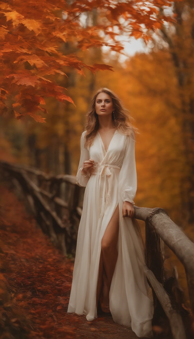 Highly detailed masterpiece 8K high-resolution content,Autumn alpine valley,Flaming red maple,eventide,Scenic beauty,Autumn leaves float in the air,There are sparkling particles fluttering,Warm light background,1 girl walking on the road,Surrealist portraits of women by David Hockney and Alphonse Mucha,hair glowing,s the perfect face,Melancholy eyes,brunette color hair,long whitr hair,Wear a jacket,Lazy movements,warm and comfortable,With a little cool autumn light,warm color:High saturation,Bright composition。。,Top-down composition ,Media components,Realistic photo style