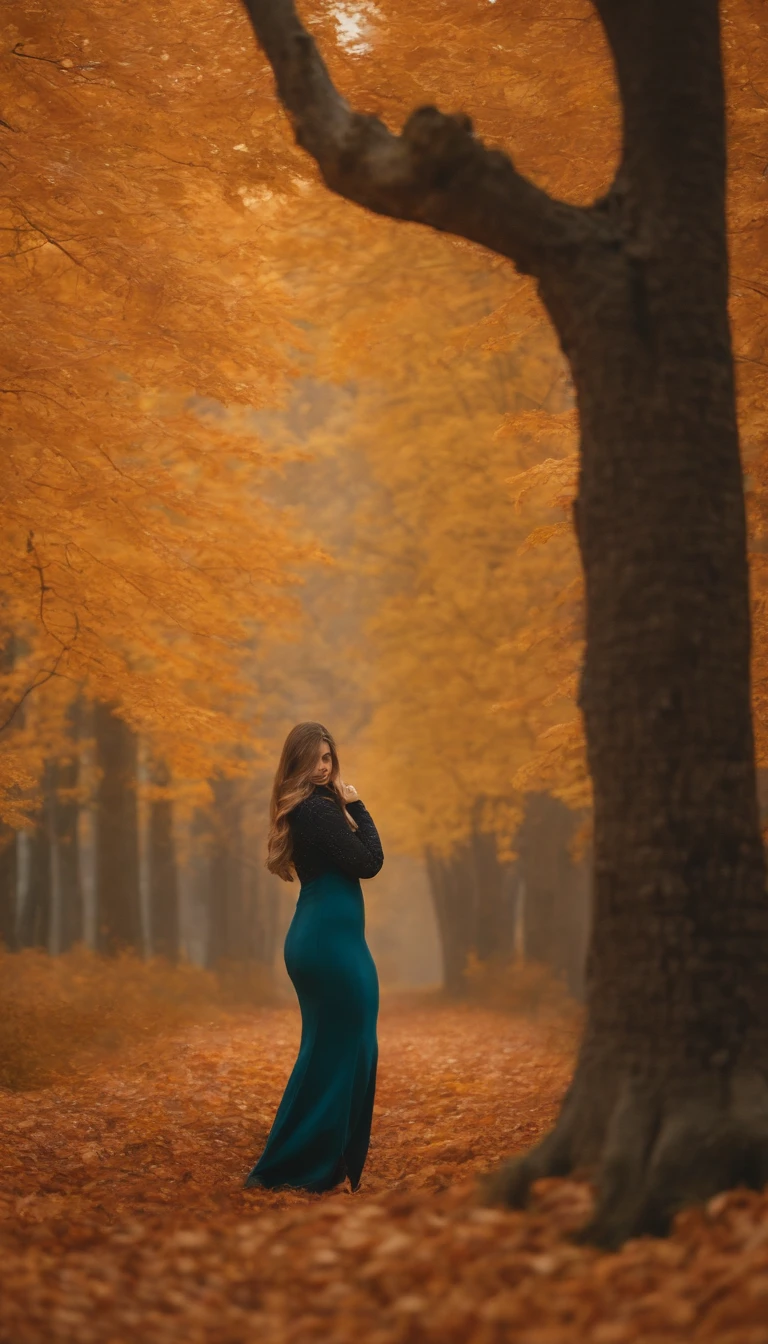 Highly detailed masterpiece 8K high-resolution content,Autumn alpine valley,Flaming red maple,eventide,Scenic beauty,Autumn leaves float in the air,There are sparkling particles fluttering,Warm light background,1 girl walking on the road,Surrealist portraits of women by David Hockney and Alphonse Mucha,hair glowing,s the perfect face,Melancholy eyes,brunette color hair,long whitr hair,Wear a jacket,Lazy movements,warm and comfortable,With a little cool autumn light,warm color:High saturation,Bright composition。。,Top-down composition ,Media components,Realistic photo style