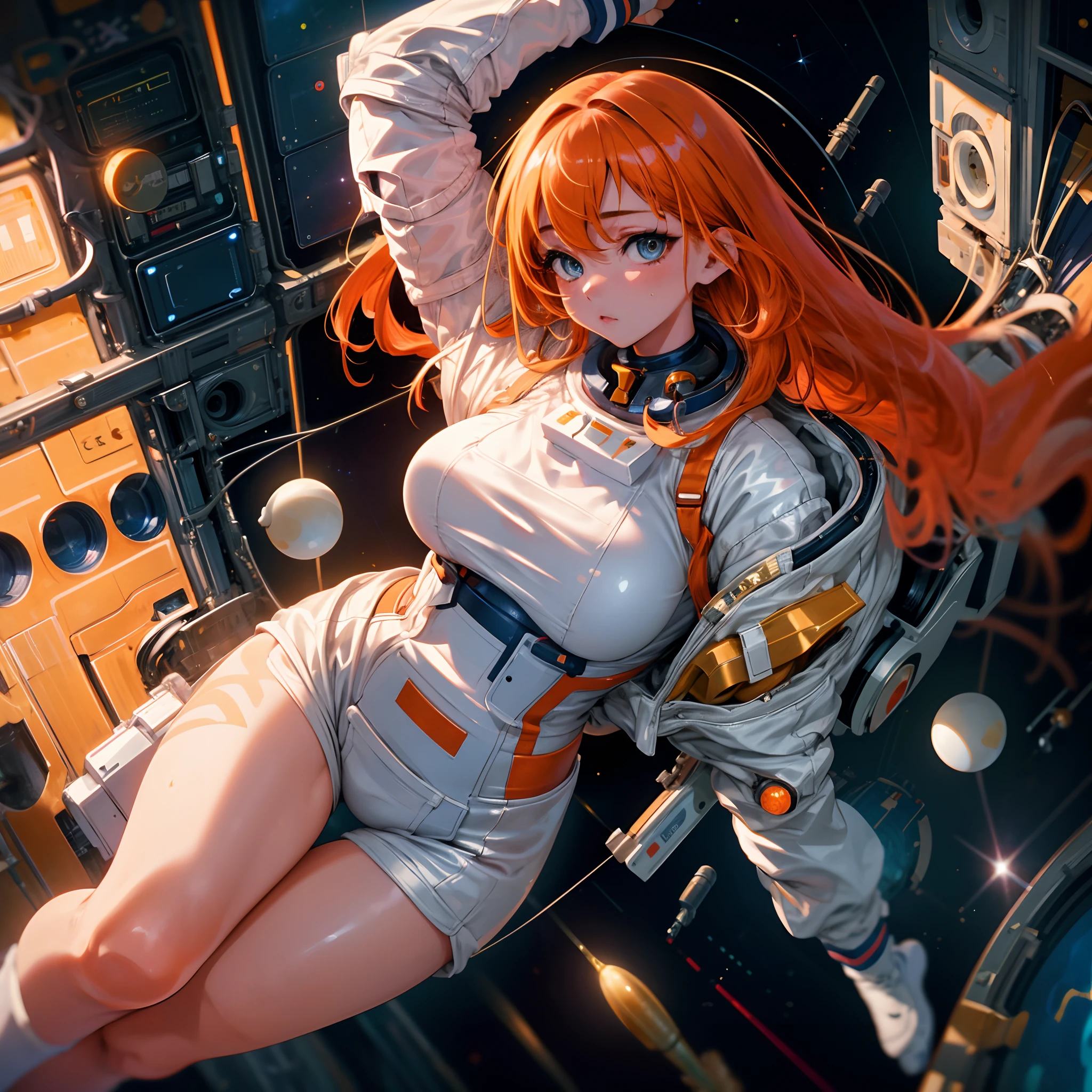 The most beautiful and sexy astronaut girl, orange hair, blue eyes, wearing highly detailed astronaut spacesuit, huge gigantic nude naked tits and nipples exposed, in outer space, highly detailed background, perfect masterpiece, high quality, high resolution