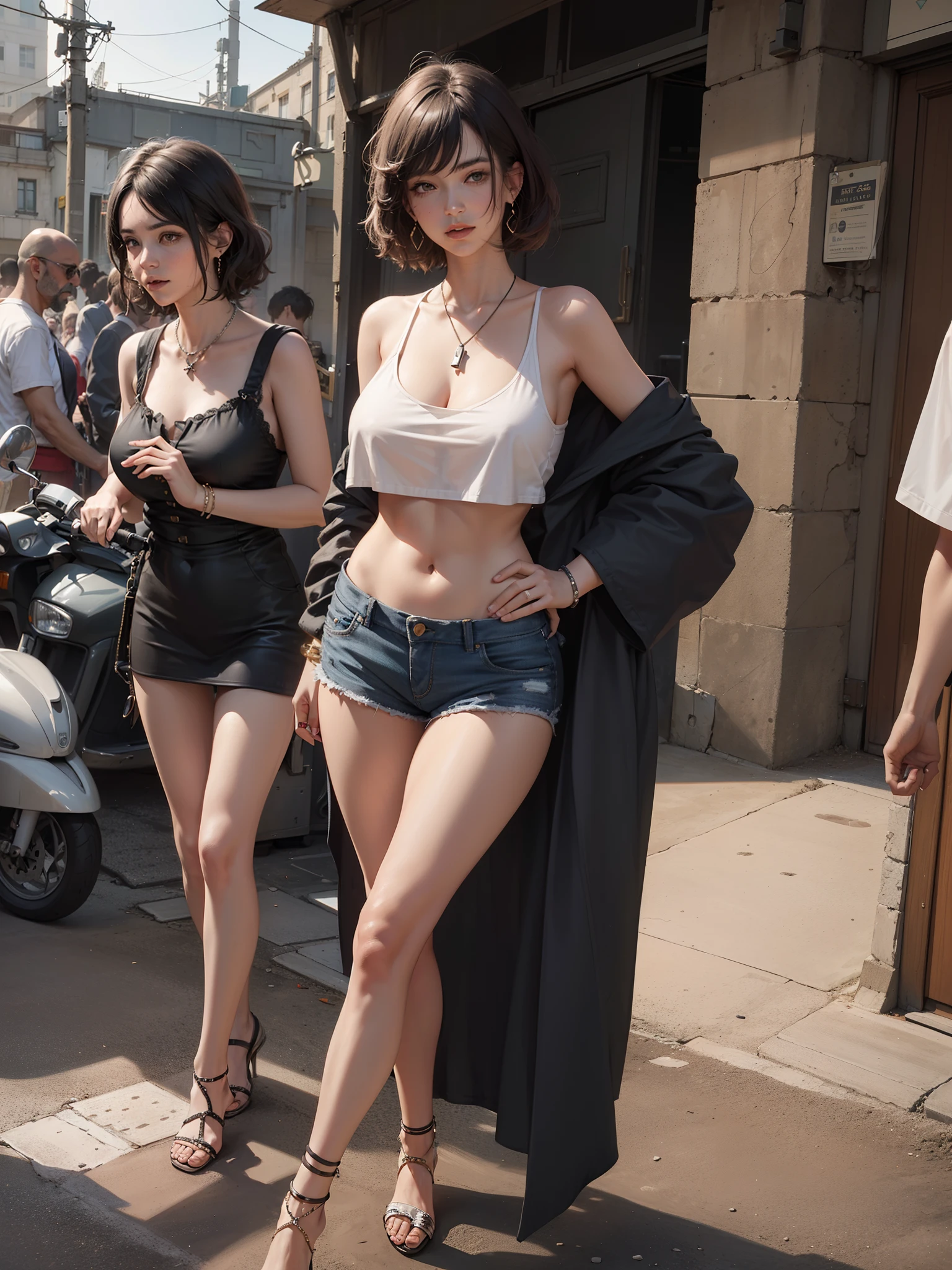 (1 fille, seulement),Best quality, Portrait complet du corps, delicate face, cheveux noir long, front, Fille de 18 ans, silhouette mince, Huge bust, Loose T-shirt with U oversize crop top, clivage,(sous seins:1.4), Crotch hole, cameltoe, par-dessus le short chemise, String vu des bas de bikini, Pont du coucher du soleil, Vintage Vespa behind, scene, debout, jambe longue , collier, anneaux, earrings, bracelet, montre, jambes ouvertes, visage realiste, 32k, chaussures grecques,