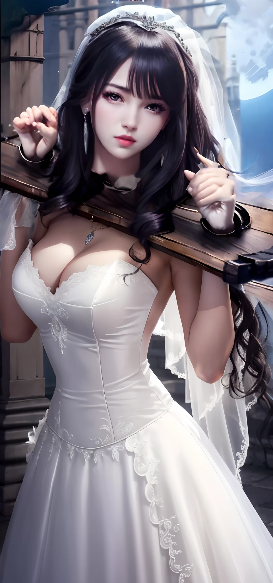 Close-up of a beautiful bride in a beautiful wedding dress, Gurvetz,( pillory:1.5), Flail on the head, Flail on the hands, Flail,(Bridal veil: 1.5), (Short transparent veil: 1.5), Flushed face, Head flower, head gear, (Tubular wedding dress: 1.5), (Silk dress: 1.2 ), (Strapless wedding dress: 1.5), Pure white dress, necklace, Earrings, (Huge breasts: 1.3), Deep V heart collar wedding dress, bangs, lipstick, (Lace gloves: 1.3), Full body photo, High detail RAW color art, a white long skirt, Whole body, with hands behind her back, and floor-length skirts,