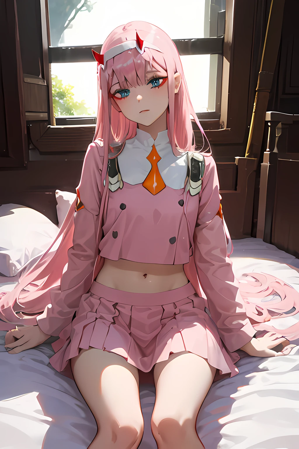 Beautiful illustration、top-quality、 s、Bedroom、A pink-haired、long whitr hair、(((Pink pleated skirt)))、(((Pink sailor suit)))、short- sleeved、huge tit、a navel、Turn up the skirt with your hands、showing white panties、Pull up the skirt，The reveal panties、Bare legged、eBlue eyes、on top of the bed、Lovely thighs、glowing thigh, zerotwo/(darling in the franx/), small horns