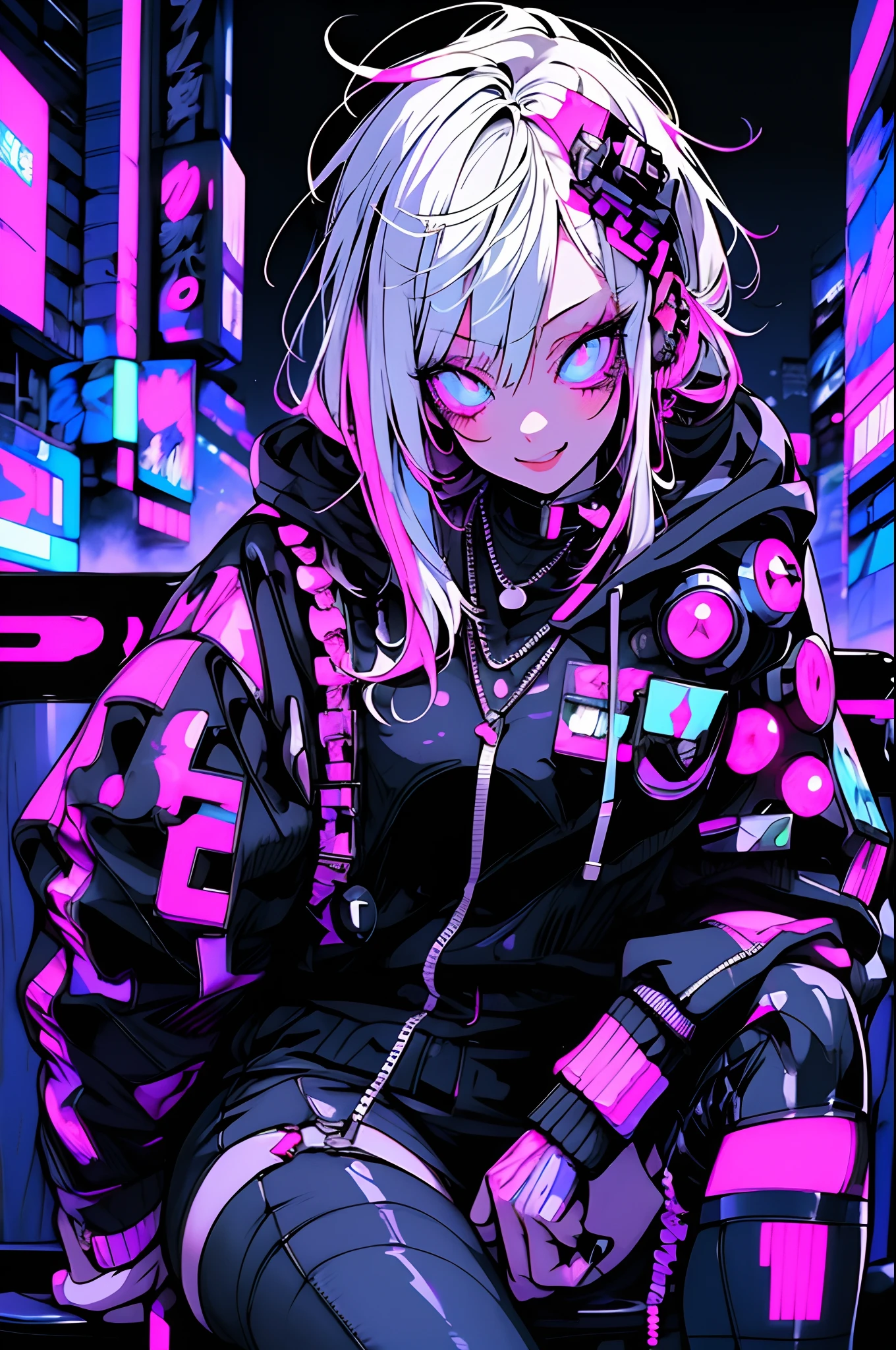 anime girl with white hair sitting on a chair in a neon city, big smile, cyberpunk anime girl in hoodie, cyberpunk anime girl, anime style 4 k, anime cyberpunk art, best anime 4k konachan wallpaper, digital cyberpunk anime art, female cyberpunk anime girl, digital cyberpunk - anime art, cyberpunk anime art, anime cyberpunk, cyberpunk streetwear, cyberpunk art style