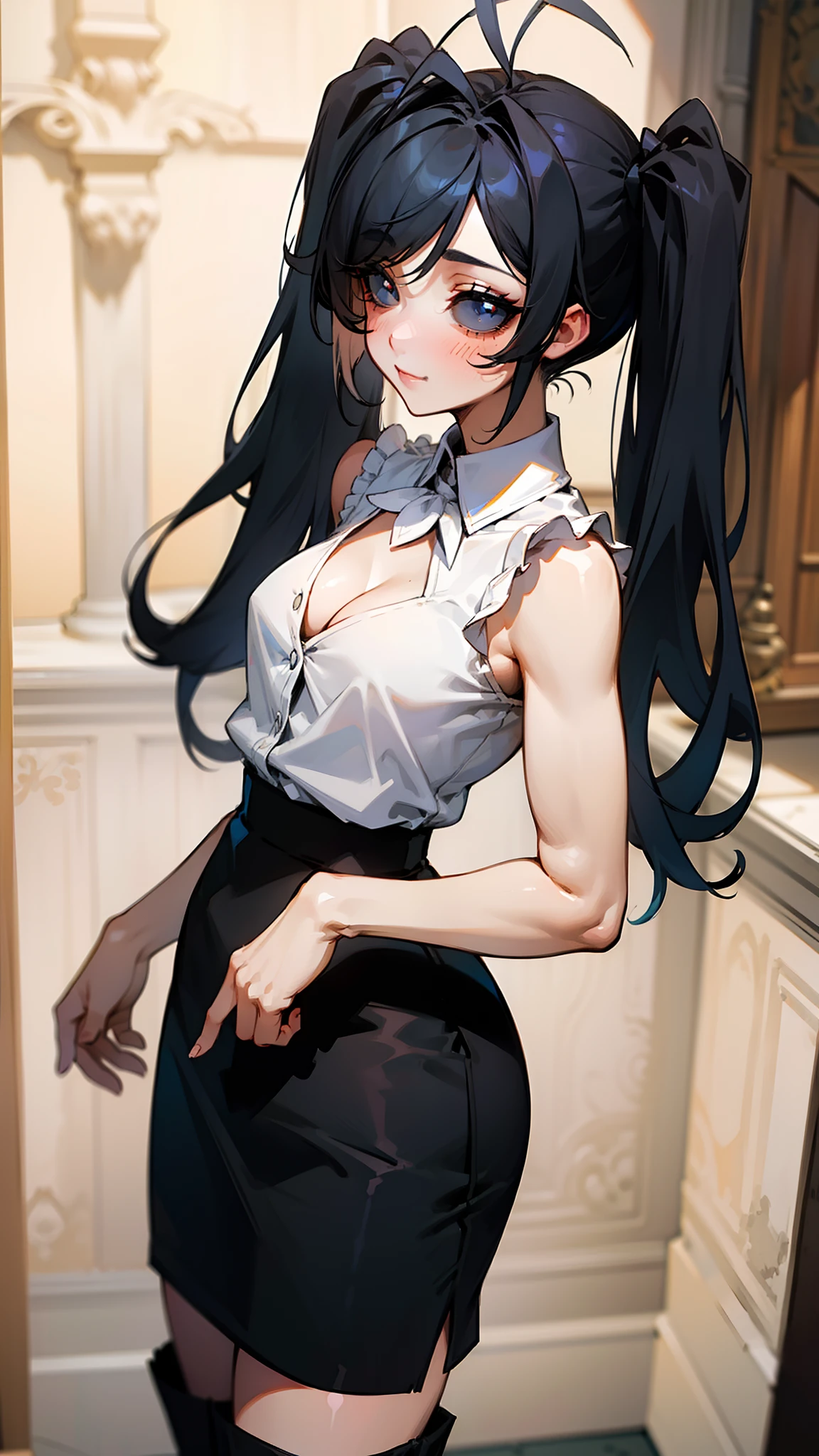 Original Character,8k, Masterpiece, Best Quality,Detailed, Beautiful Detailed Eyes, solo),fine skin,1girl, medium breasts, cleavage,, twintails,white shirt,sleeveless,black pencil skirt,black long boots,solo,long hair,(((hair 2antenna))),black eyes,black hair,black sclera,cute,(standing in a room in castle),happy,blush,cowboy shot
