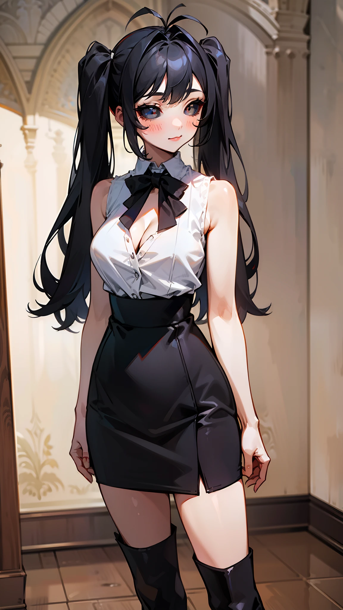 Original Character,8k, Masterpiece, Best Quality,Detailed, Beautiful Detailed Eyes, solo),fine skin,1girl, medium breasts, cleavage,, twintails,white shirt,sleeveless,black pencil skirt,black long boots,solo,long hair,(((hair 2antenna))),black eyes,black hair,black sclera,cute,(standing in a room in castle),happy,blush,cowboy shot