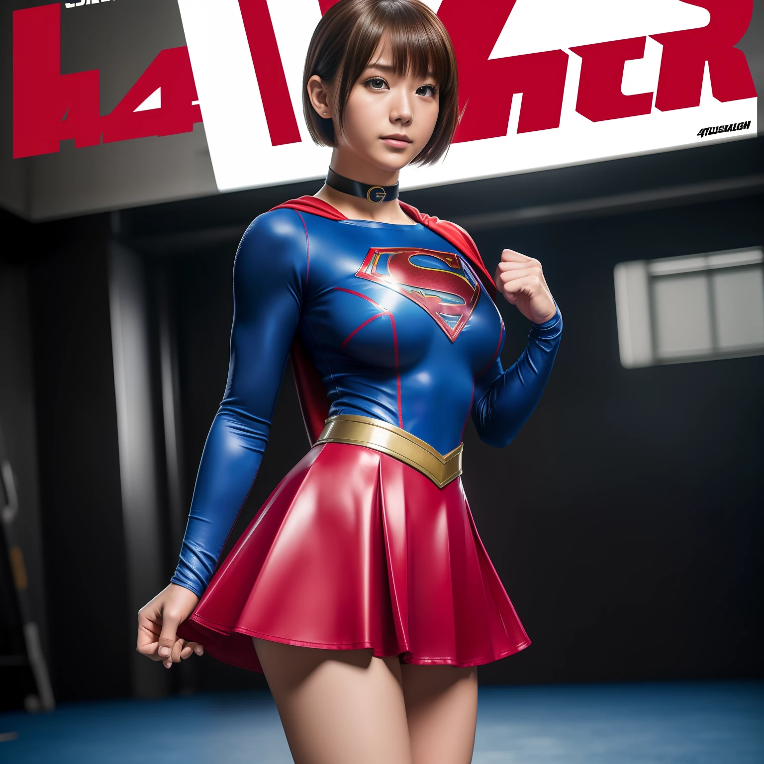 (ultra-quality, 4K, 8K, High resolution, masutepiece:1.2), ultra-detailliert, Realistic:1.37, Super masterpiece,Short-haired Supergirl、Gymnasium、bare-legged、Looking at the camera、large full breasts、Too short miniskirt、highleg、Wrestlers、Magazine covers、Glossy costume、a choker