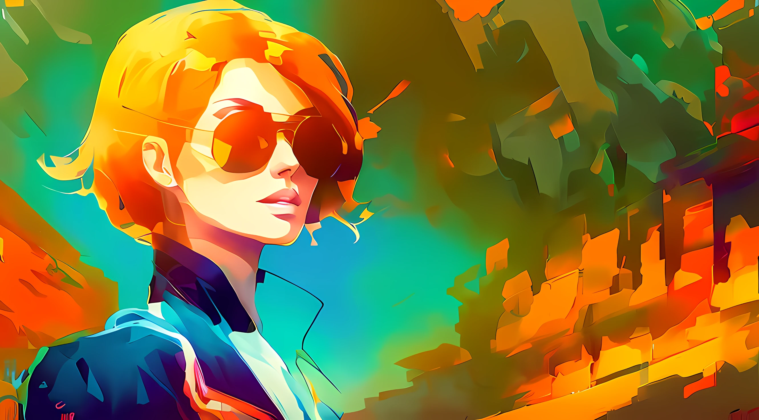 Anime girl with sunglasses and a white shirt and a blue tie, Jen Bartel, in illustration style digital, estilo de arte digital, Arte digital Ilya Kuvshinov, Estilo de Alena Aenami, estilo de pintura digital, pintura digital vibrante, estilo pintura digital, pintura digital colorida, artistic. Alena Aenami, em estilo de pintura digital, Estilo na pintura digital