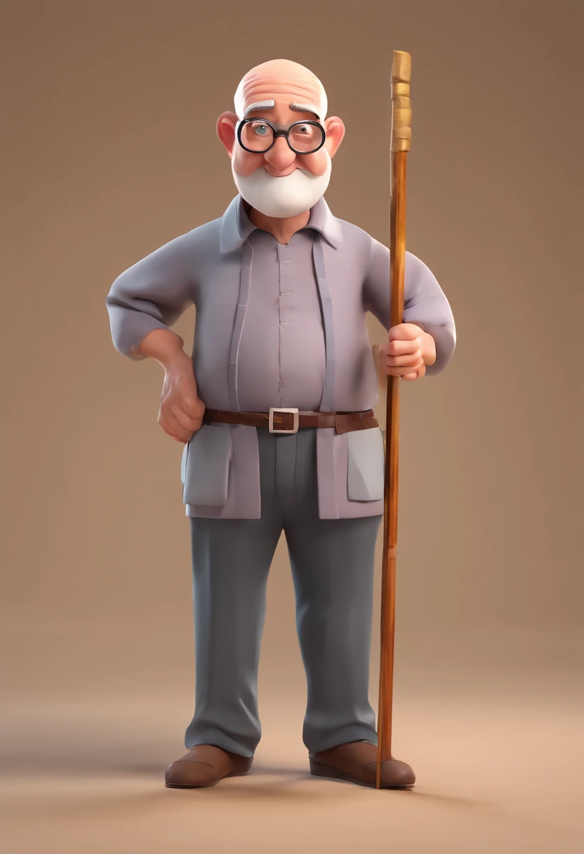 A hunchbacked cartoon grandfather with round-rimmed glasses, uma barba branca, bald head, a crutch in one hand, um rolo de imagem no outro, wearing a gray Chinese tunic, and his face is wrinkled