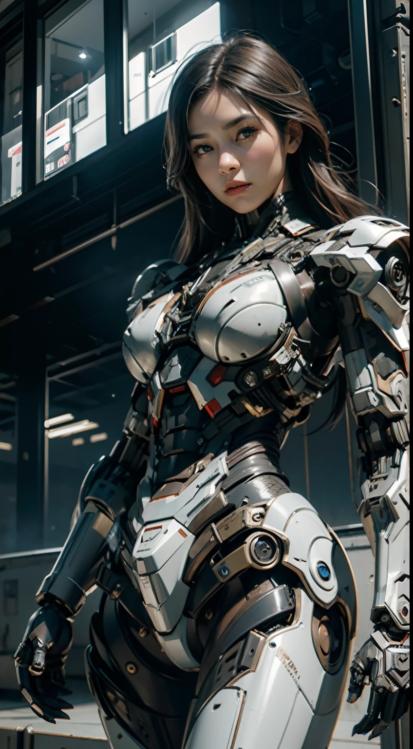 Textured skin, Super Detail, high details, High quality, Best Quality, hight resolution, 1080p, hard disk, a beauty,She wears a futuristic war machine mech with weapons built into her entire body(War Machine)