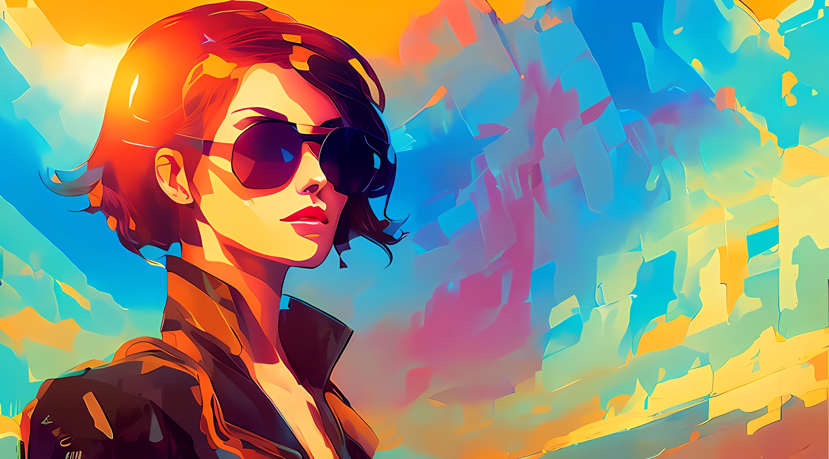 Anime girl with sunglasses and a white shirt and a blue tie, Jen Bartel, in illustration style digital, estilo de arte digital, Arte digital Ilya Kuvshinov, Estilo de Alena Aenami, estilo de pintura digital, pintura digital vibrante, estilo pintura digital, pintura digital colorida, artistic. Alena Aenami, em estilo de pintura digital, Estilo na pintura digital