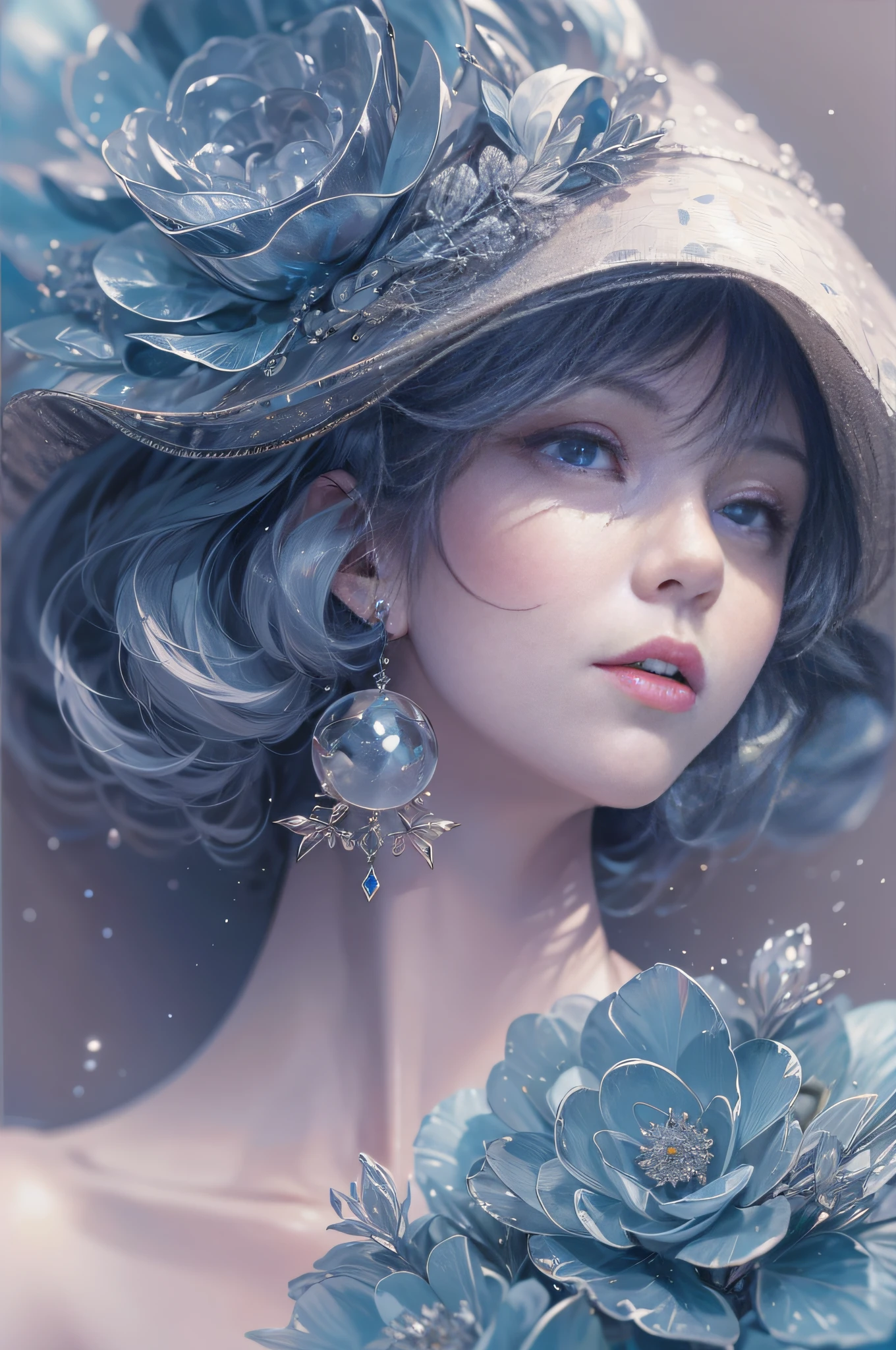 tmasterpiece,alta resolução,((Magic Orb)),Dynamic bust of the beautiful aristocratic maiden,Cabelo castanho castanho elegantemente enrolado,((Wearing a huge blue hat)),roxo olhos claros,The hair is covered with a beautiful and delicate floral craftsmanship, filigrana de joias de cristal,detalhes ultra-detalhados,prolongado。