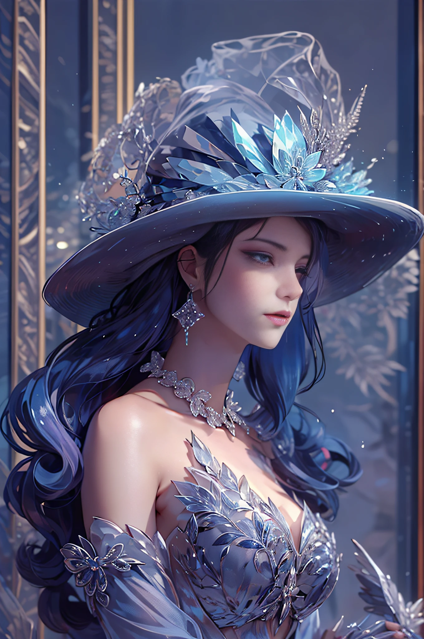 tmasterpiece,alta resolução,((Magic Orb)),Dynamic bust of the beautiful aristocratic maiden,Cabelo castanho castanho elegantemente enrolado,((Wearing a huge blue hat)),roxo olhos claros,The hair is covered with a beautiful and delicate floral craftsmanship, filigrana de joias de cristal,detalhes ultra-detalhados,prolongado。
