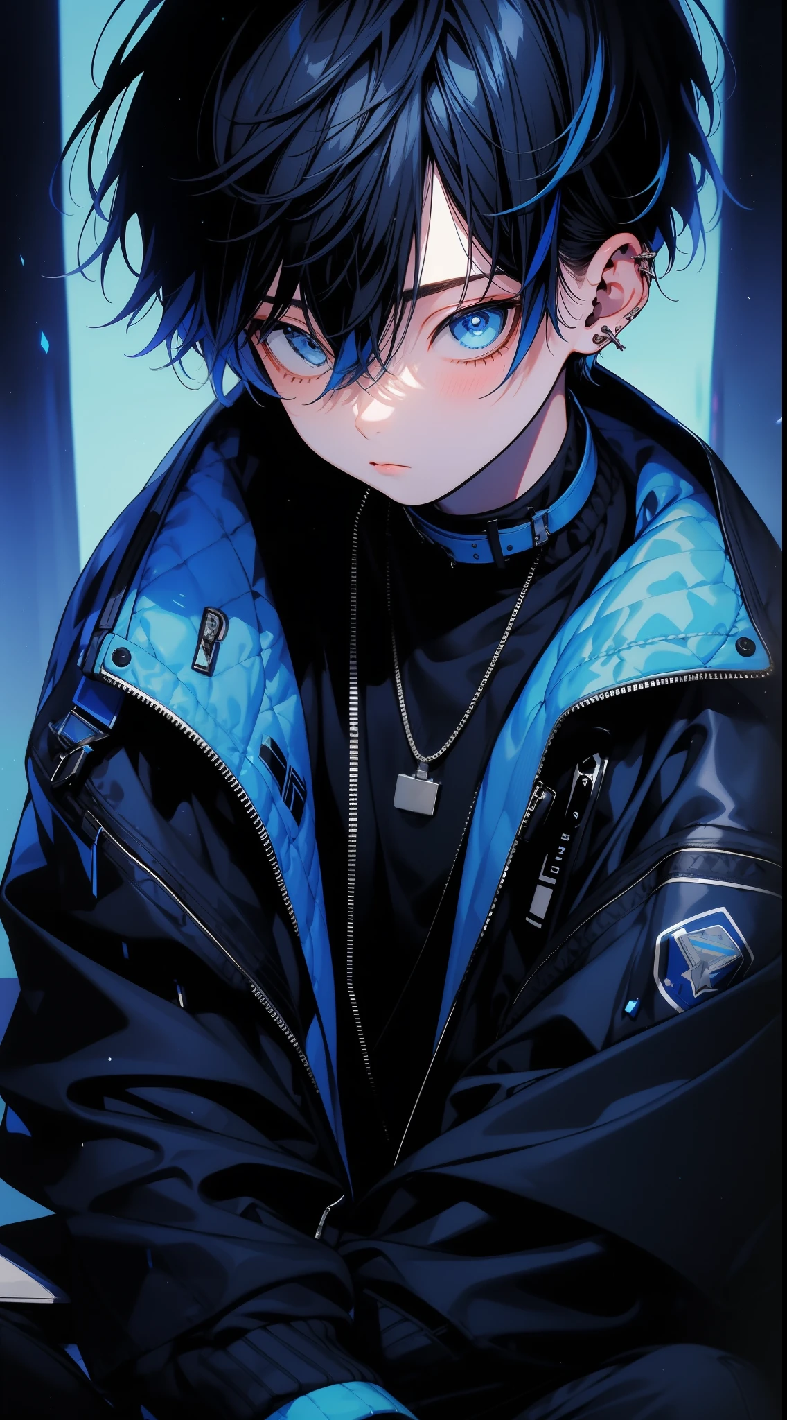 1 boy, (blue) hair, light blue black jacket, sit pose