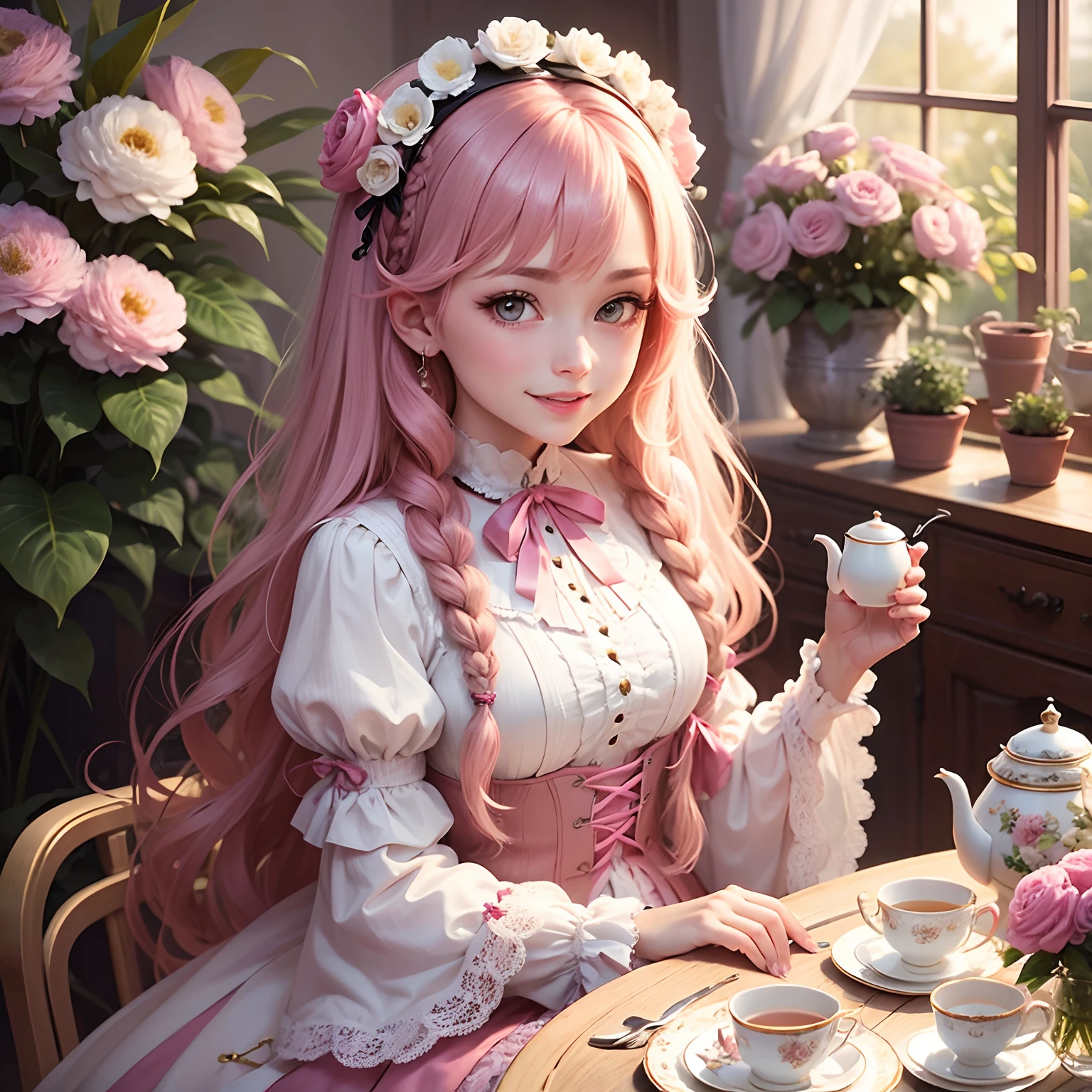Long hair color of braids is pale pink，white, Lots of pink and light blue Lolita fashion with ruffles and lace，I am in a Western-style room with many flowers，Having a tea party，A tea cup in your hand，The expression of the person smiling with his mouth open happily，fine quality，Fine hands，Fine fingers，Fine hair quality，Best Quality，hightquality，