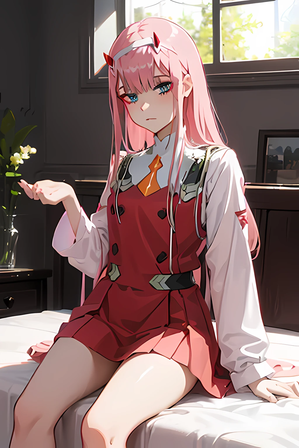 Beautiful illustration、top-quality、 s、Bedroom、A pink-haired、long whitr hair、(((Pink pleated skirt)))、(((red sailor suit)))、short- sleeved、huge tit、a navel、Turn up the skirt with your hands、showing white panties、Pull up the skirt,The reveal panties、Bare legged、eBlue eyes、on top of the bed、Lovely thighs、glowing thigh, zerotwo/(darling in the franx/), small horns