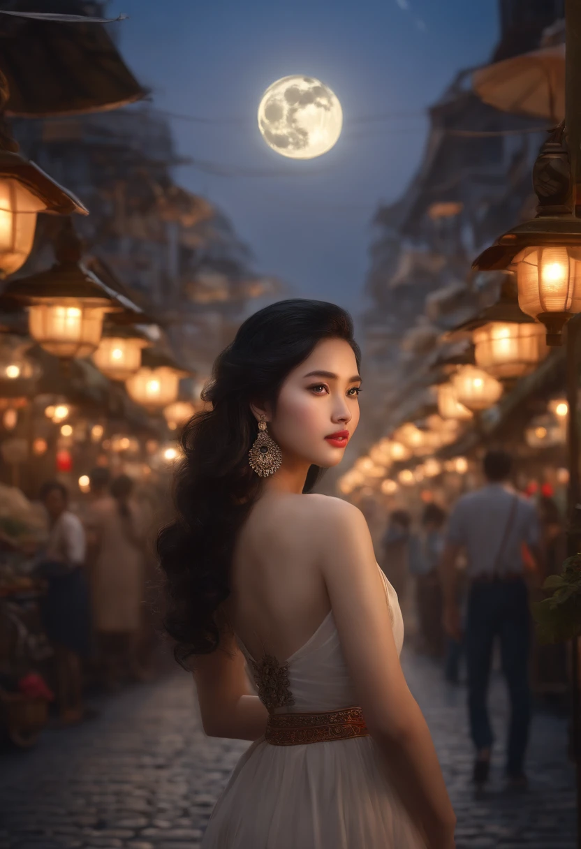 masterpiece, best quality, miranda, (halfbody shot,street lamps,moon),Masterpiece, 1girl, solo exhibition, beautiful woman on the bustling street, surrounded by hawkers, beautiful goddess girl portrait, beautiful and detailed face, porcelain skin, (((bust shot, center, night, black hair, short hair)), super soft lighting, symmetry, complexity, elegance, high detail, realism, art, concept art,