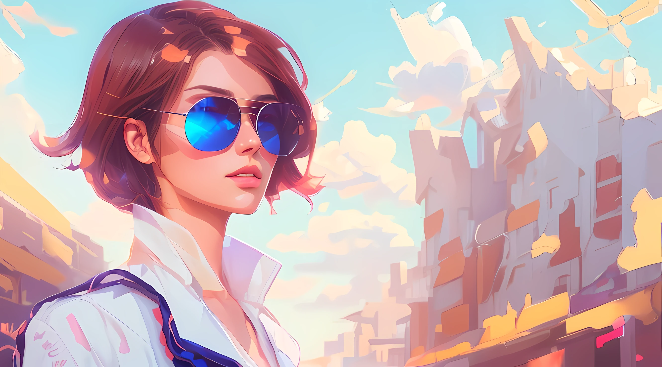 Anime girl with sunglasses and a white shirt and a blue tie, Jen Bartel, in illustration style digital, estilo de arte digital, Estilo de Alena Aenami, Arte digital Ilya Kuvshinov, pintura digital vibrante, estilo de pintura digital, estilo pintura digital, pintura digital colorida, artistic. Alena Aenami, em estilo de pintura digital, Estilo na pintura digital