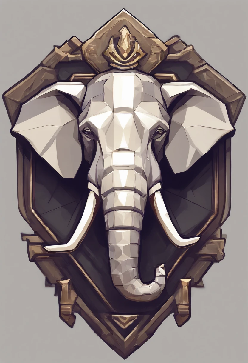 Game medallion with closeup of metal elephant head with crown,, Estilo de Arte Hearthstone, arte estilo hearthstone, Arte conceitual de Hearthstone, Arte conceitual do jogo Riot, Estilo de League of Legends, iconic character splash art, Coroa de League of Legends，Emblema do jogo，Penas de metal circundantes，Ouro roxo，C4D render，menos detalhes，Reduzir a finura